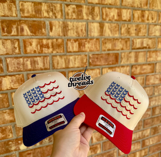 Embroidered USA flag Otto cap, 5 panel Otto cap, trucker hat, custom embroidery, embroidery trucker hat, patriotic, scalloped flag