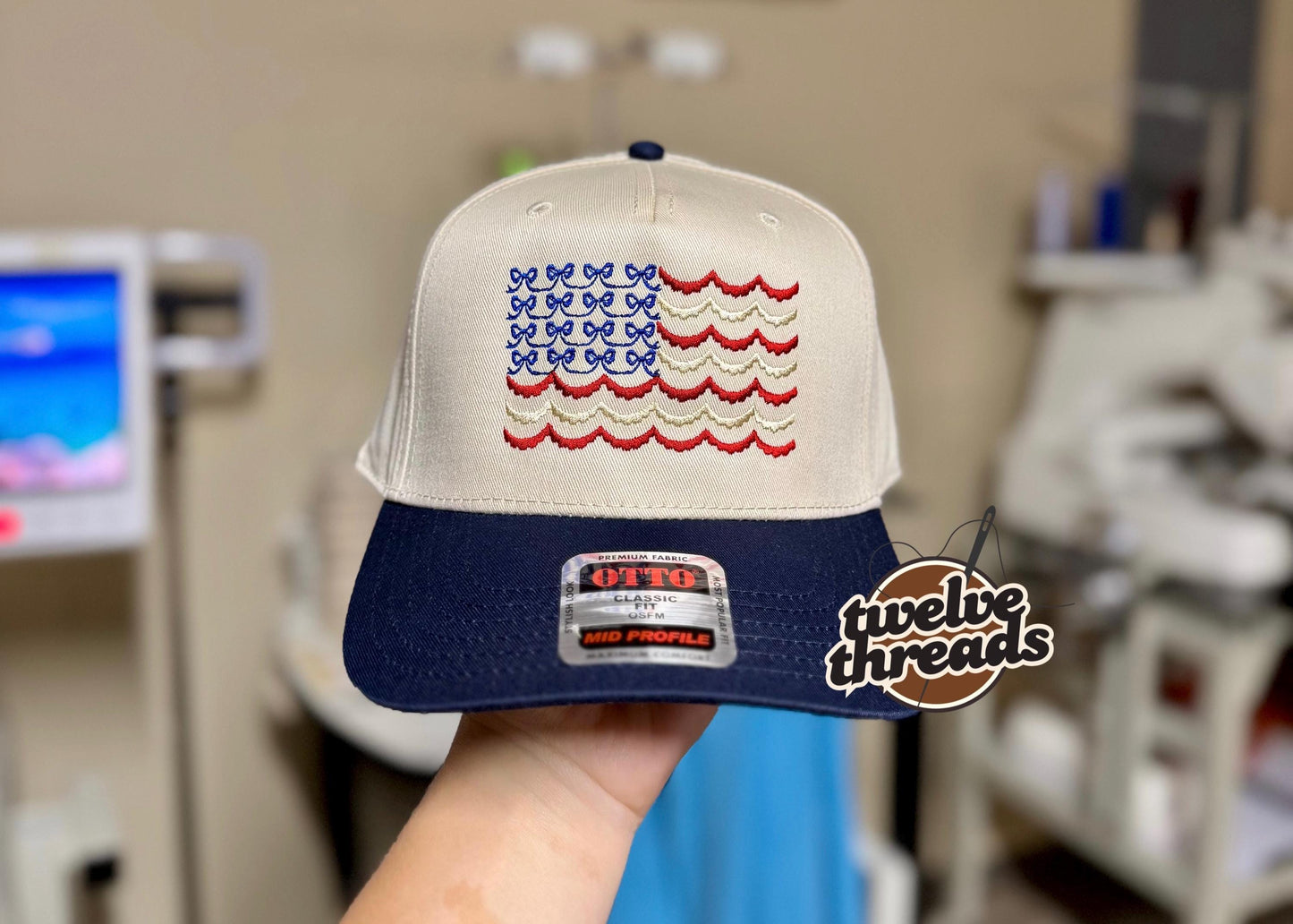 Embroidered USA flag Otto cap, 5 panel Otto cap, trucker hat, custom embroidery, embroidery trucker hat, patriotic, scalloped flag