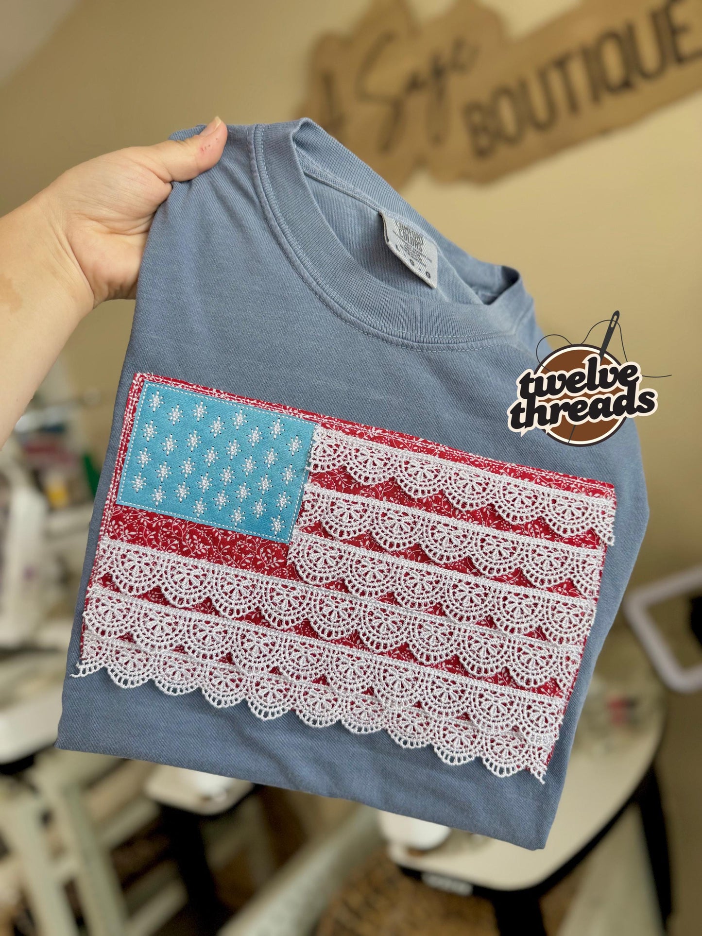Lace trim flag, patriotic t shirt, applique quilts design t shirt, American flag, USA, 4th of July, Memorial Day, American tee, comfort