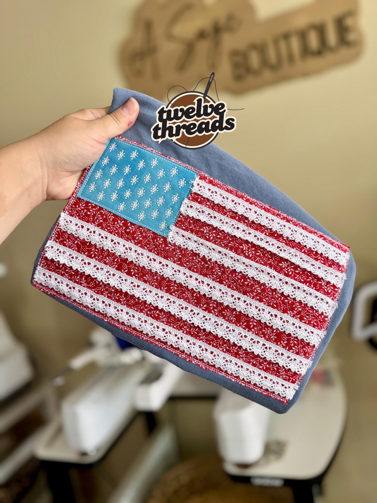 Lace trim flag, patriotic t shirt, applique quilts design t shirt, American flag, USA, 4th of July, Memorial Day, American tee, comfort