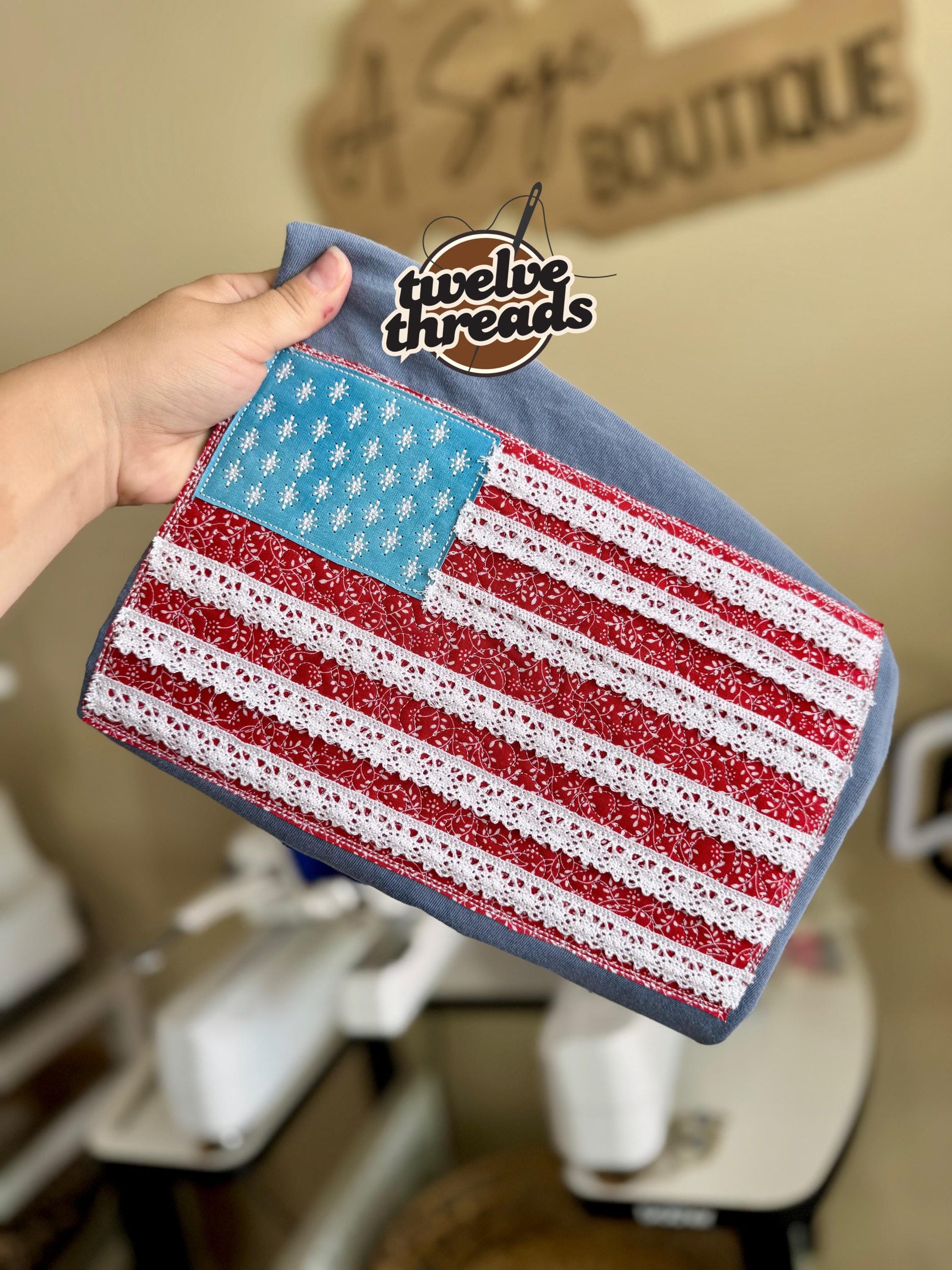 Lace trim flag, patriotic t shirt, applique quilts design t shirt, American flag, USA, 4th of July, Memorial Day, American tee, comfort