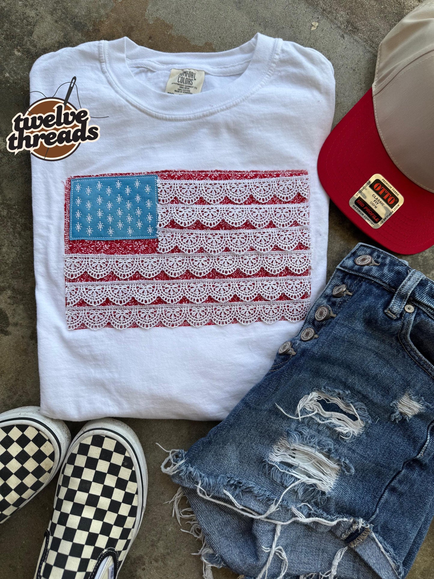 Lace trim flag, patriotic t shirt, applique quilts design t shirt, American flag, USA, 4th of July, Memorial Day, American tee, comfort