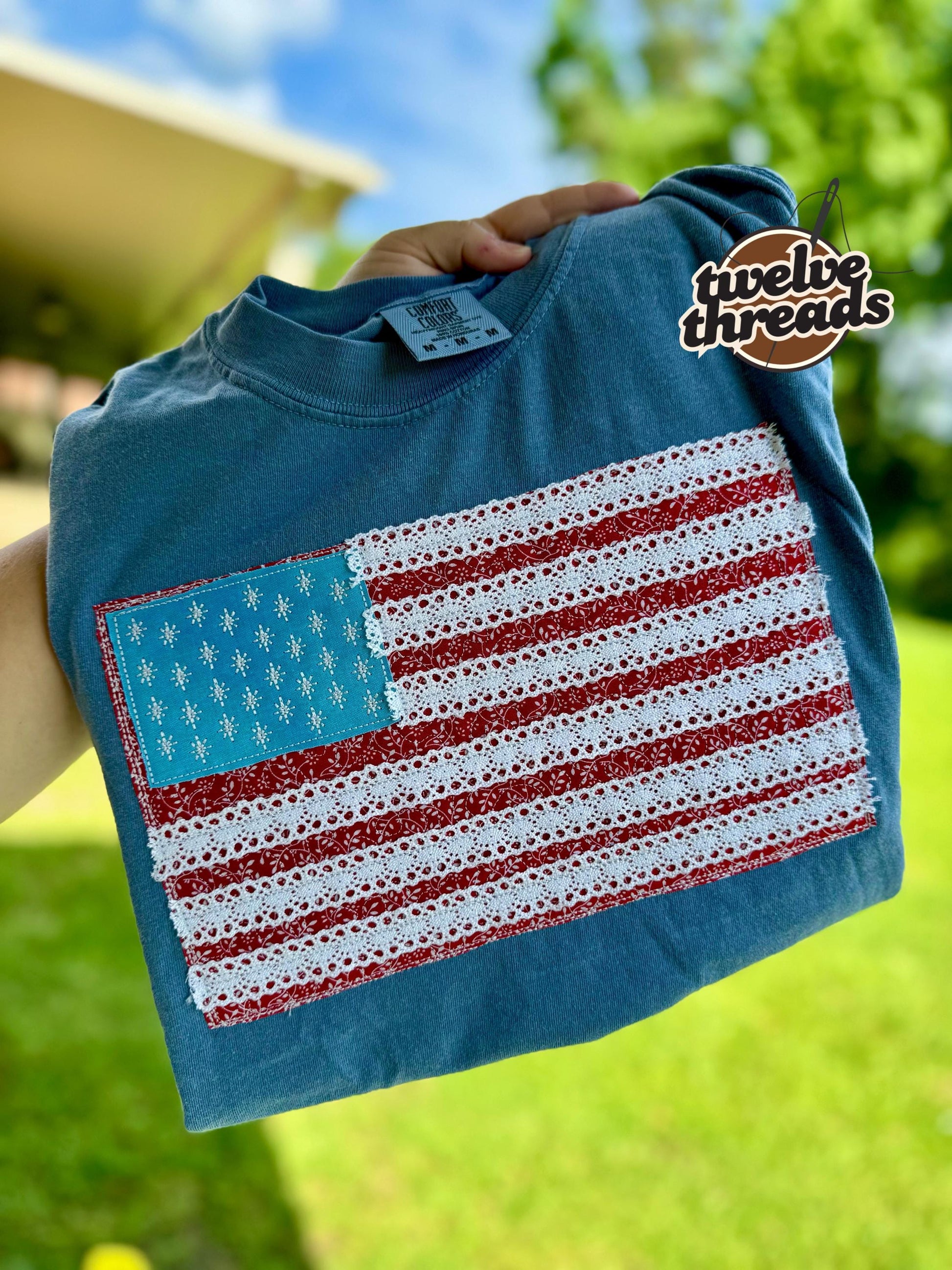 Lace trim flag, patriotic t shirt, applique quilts design t shirt, American flag, USA, 4th of July, Memorial Day, American tee, comfort