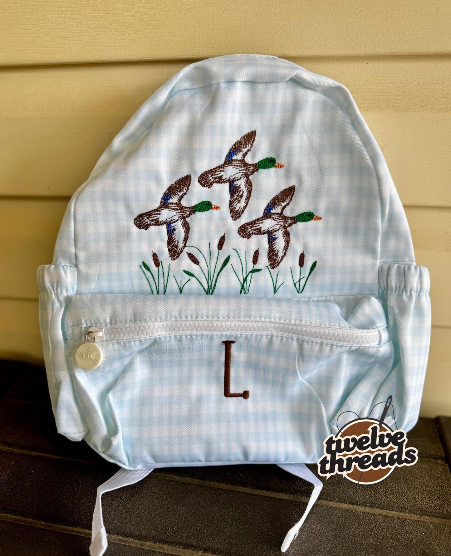 Embroidered Seersucker backpack - mallard ducks gingham - kids backpack - diaper bag - adult backpack - embroidered backpack - embroidery