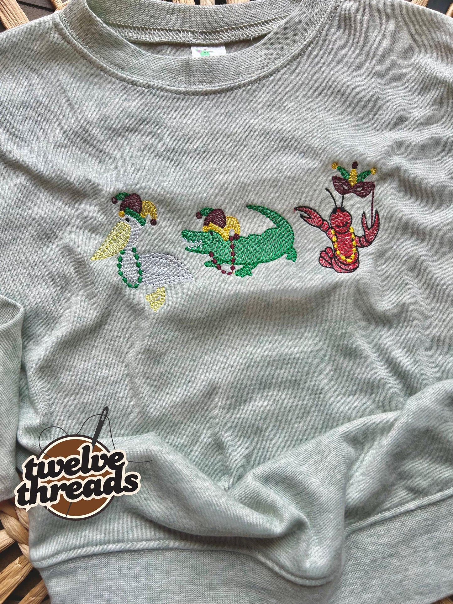Mardi Gras embroidered sweatshirt or t shirt, holiday, king cake, Louisiana, southern holiday, throw me beads mister, parade, crawfish, fun