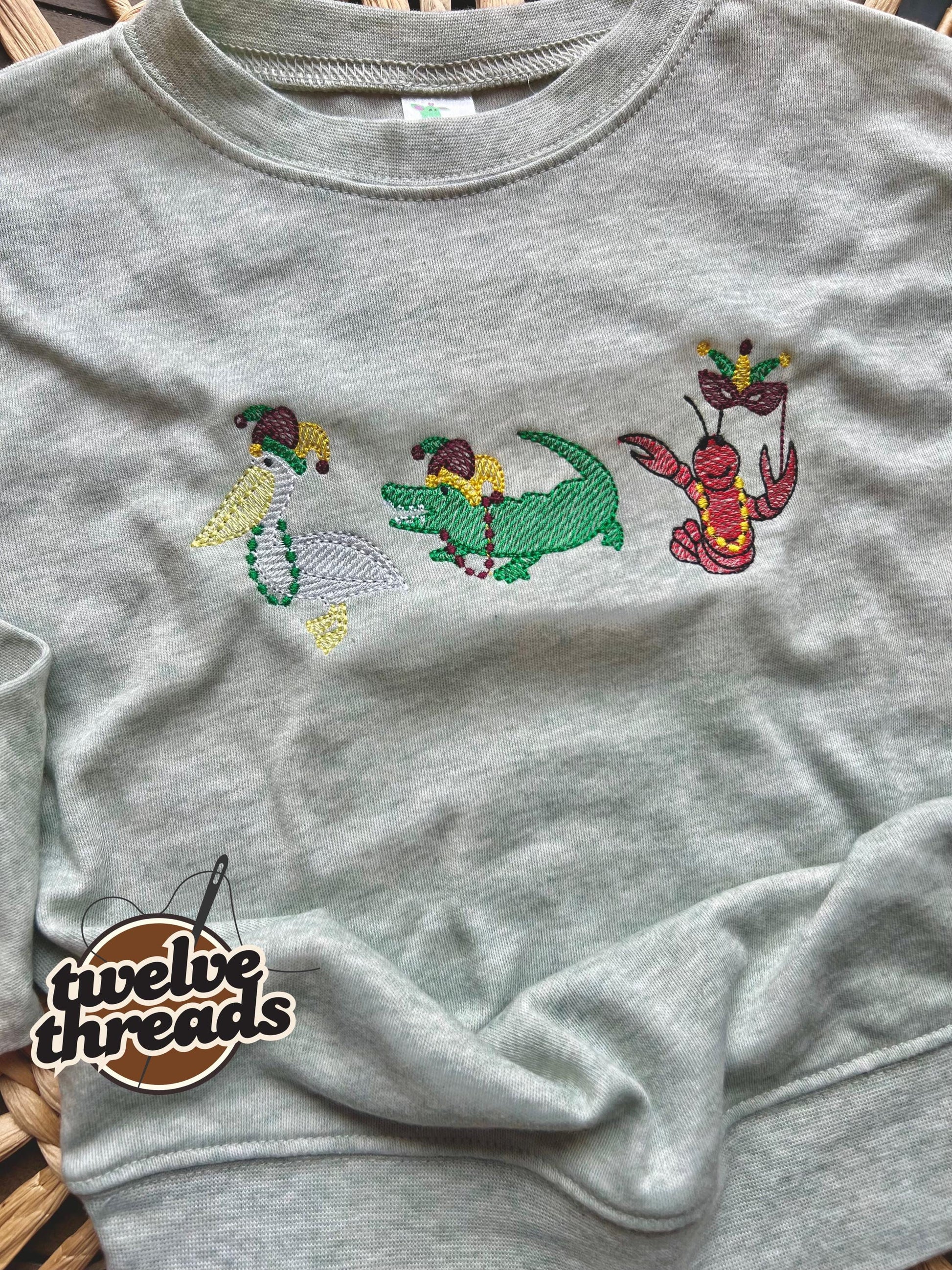 Mardi Gras embroidered sweatshirt or t shirt, holiday, king cake, Louisiana, southern holiday, throw me beads mister, parade, crawfish, fun