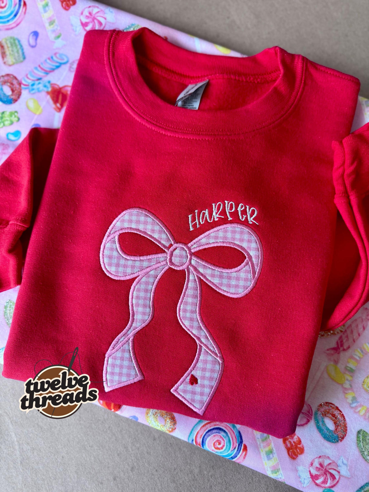 Applique coquette bow with hearts and name, girls crewneck, kids embroidery, embroidered girls vday, Applique, holiday, love, sweatshirt kid