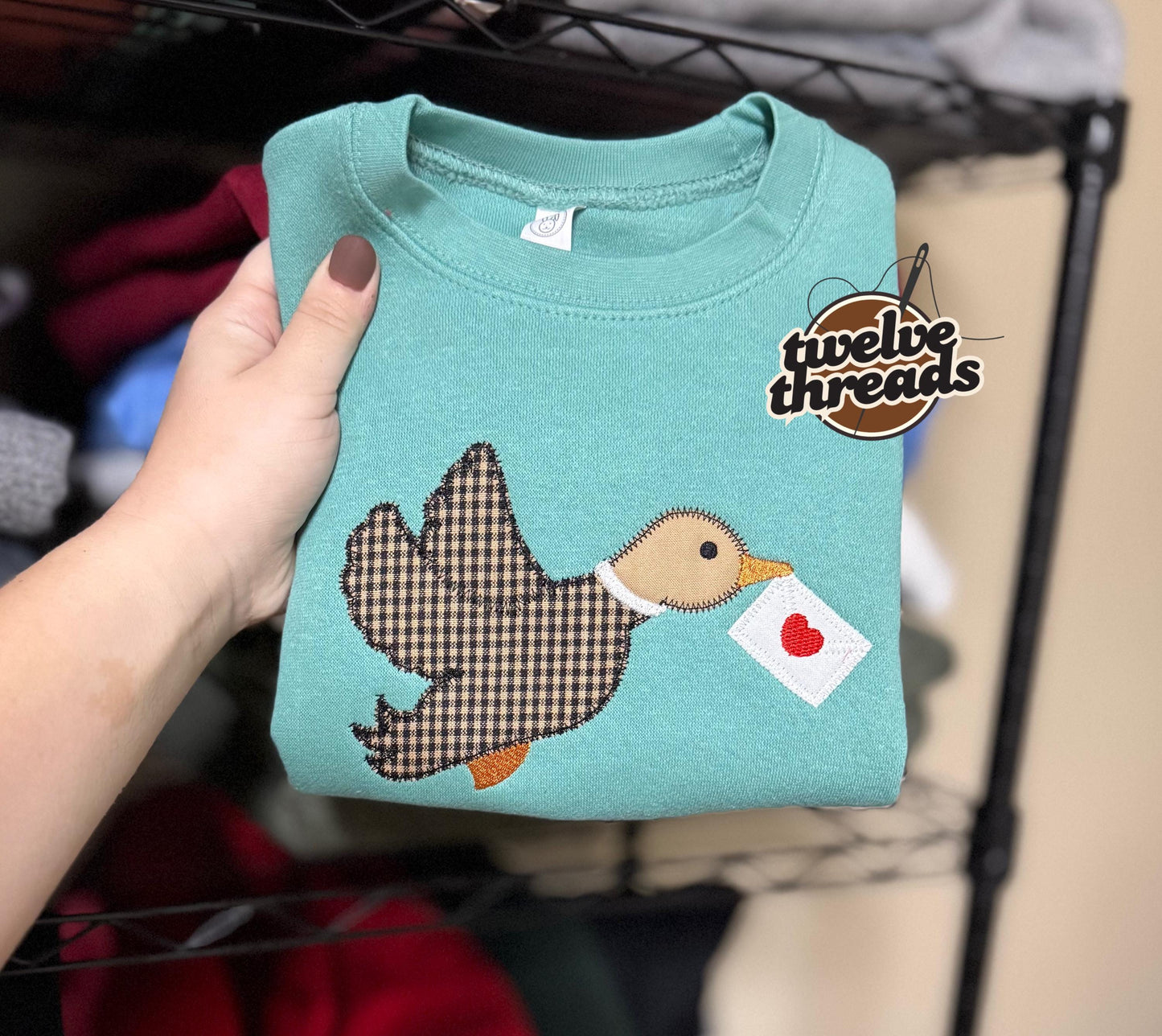 Applique mallard duck carrying heart envelope, boys valentines, kids embroidery, embroidered boys vday, Applique, holiday, love, kids v-day