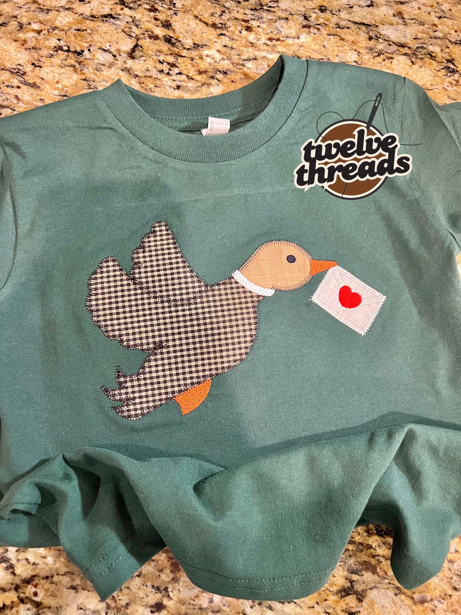 Applique mallard duck carrying heart envelope, boys valentines, kids embroidery, embroidered boys vday, Applique, holiday, love, kids v-day