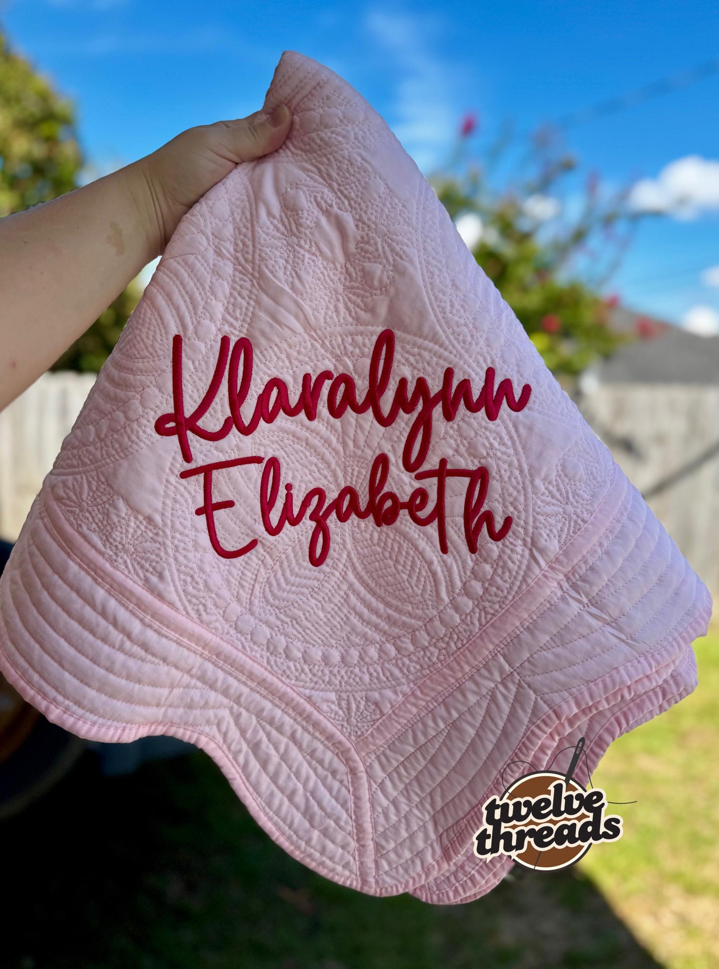 Embroidered custom name heirloom quilt with custom monogram, personalized baby blanket, baby girl quilt, embroidered custom heirloom blanket