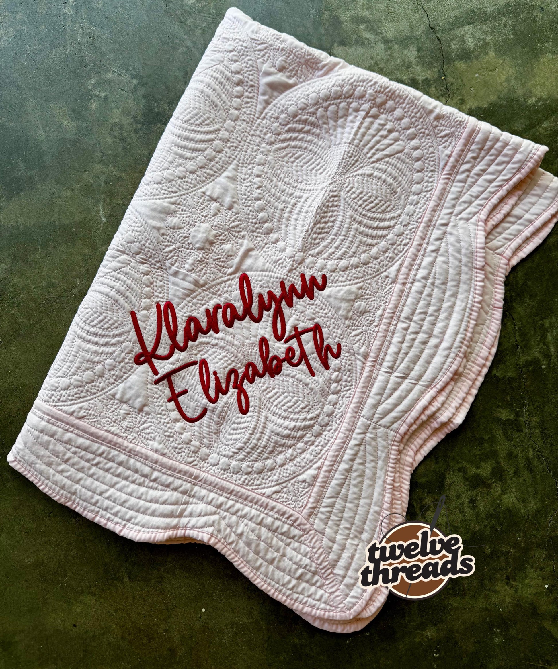 Embroidered custom name heirloom quilt with custom monogram, personalized baby blanket, baby girl quilt, embroidered custom heirloom blanket