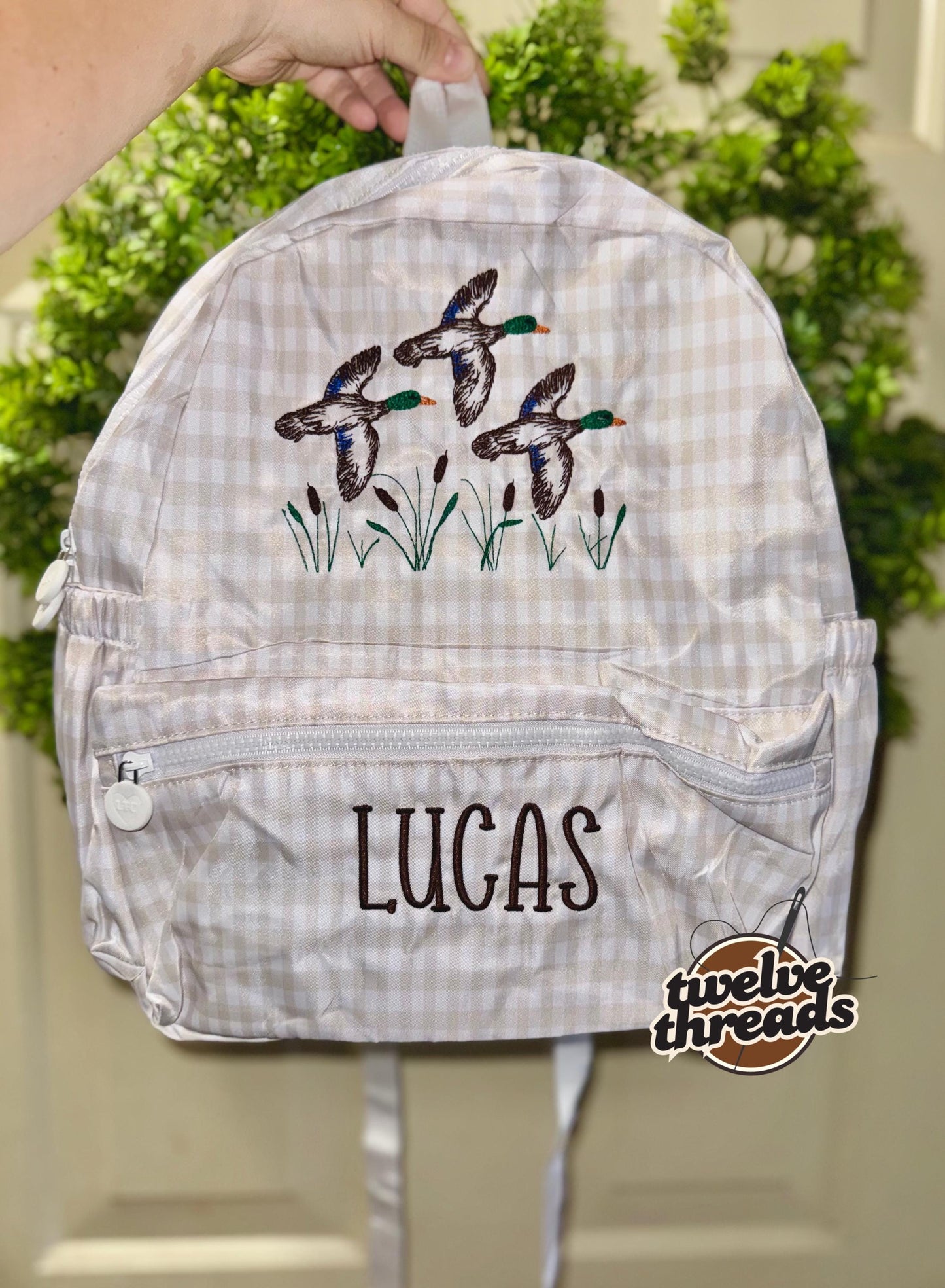 Embroidered Seersucker backpack - mallard ducks gingham - kids backpack - diaper bag - adult backpack - embroidered backpack - embroidery