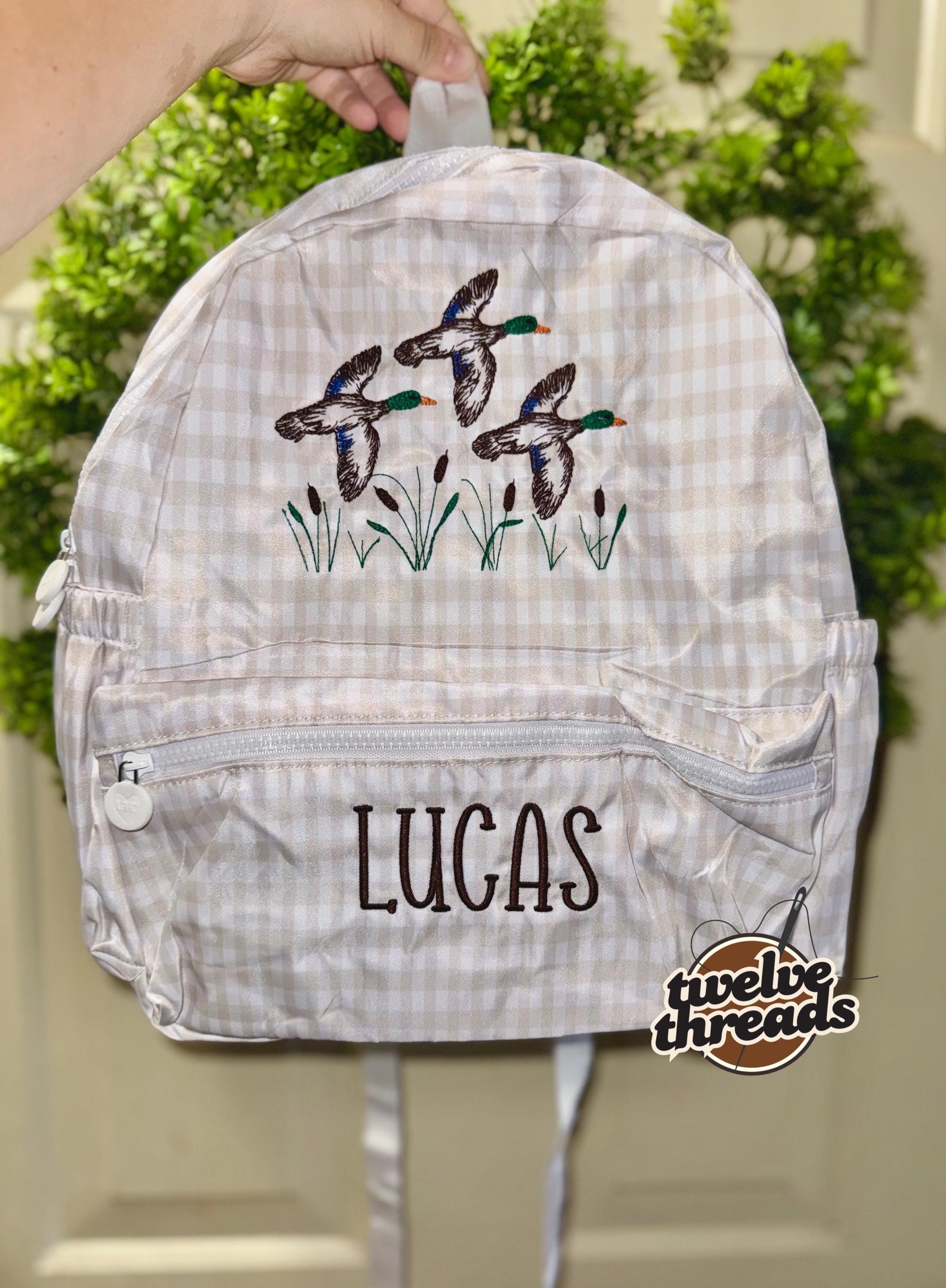 Embroidered Seersucker backpack - mallard ducks gingham - kids backpack - diaper bag - adult backpack - embroidered backpack - embroidery