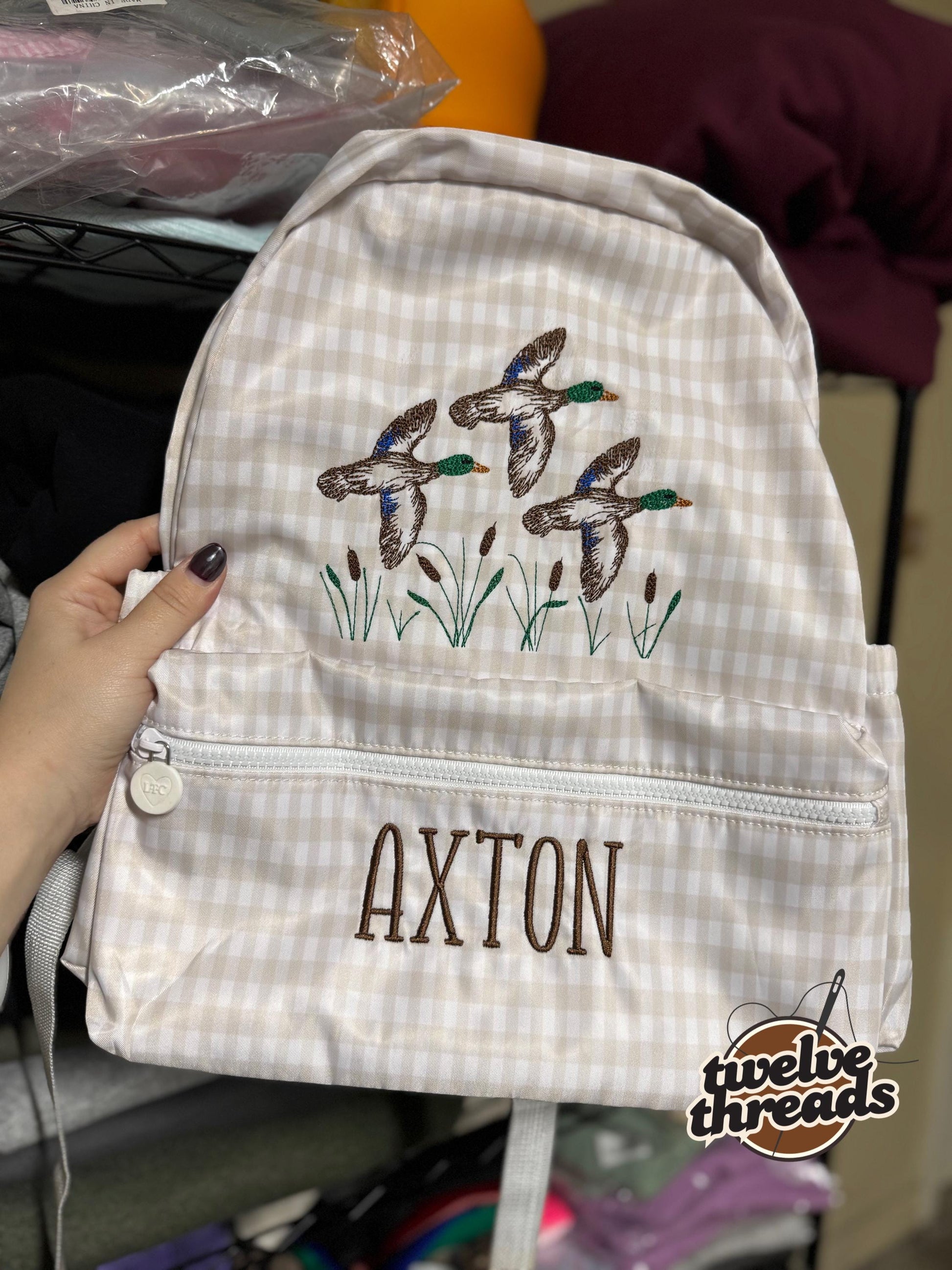 Embroidered Seersucker backpack - mallard ducks gingham - kids backpack - diaper bag - adult backpack - embroidered backpack - embroidery