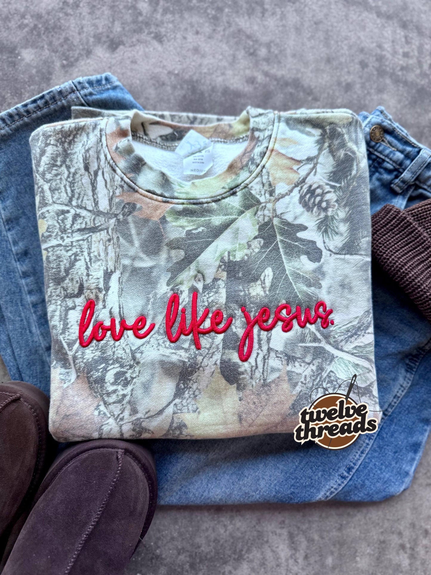 Love like Jesus, puff embroidery, camo trending crewneck tshirt, comfort colors embroidery, faith, Christian, the lord, puff design, love