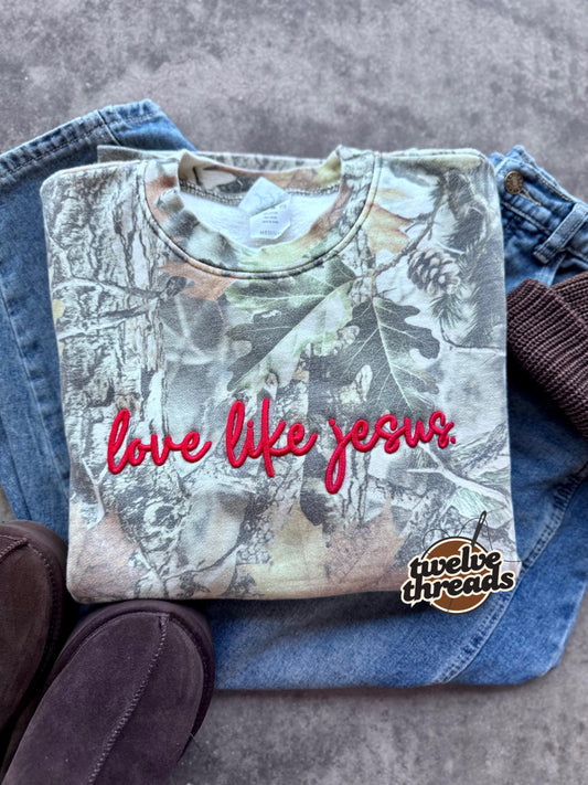 Love like Jesus, puff embroidery, camo trending crewneck tshirt, comfort colors embroidery, faith, Christian, the lord, puff design, love