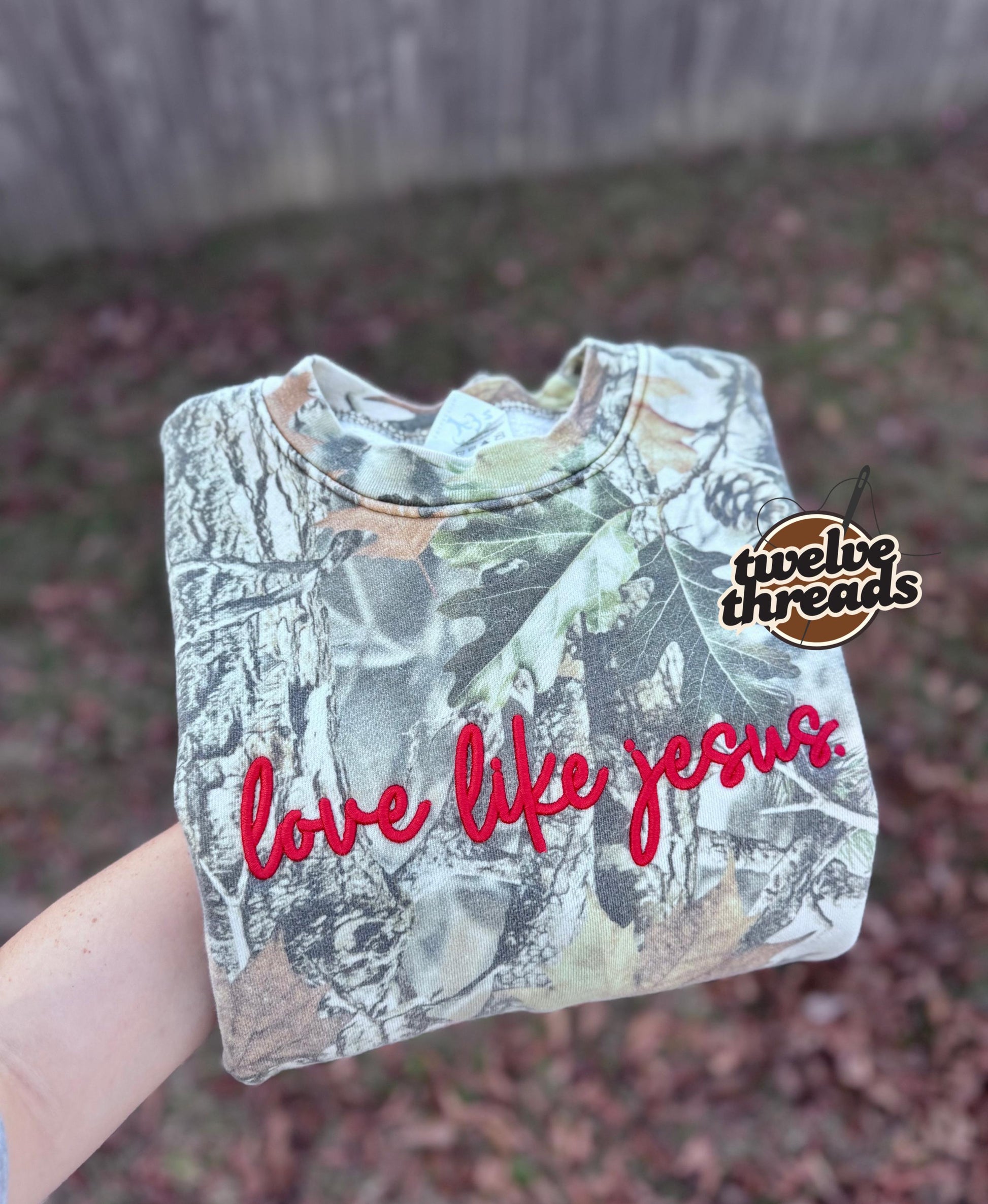 Love like Jesus, puff embroidery, camo trending crewneck tshirt, comfort colors embroidery, faith, Christian, the lord, puff design, love