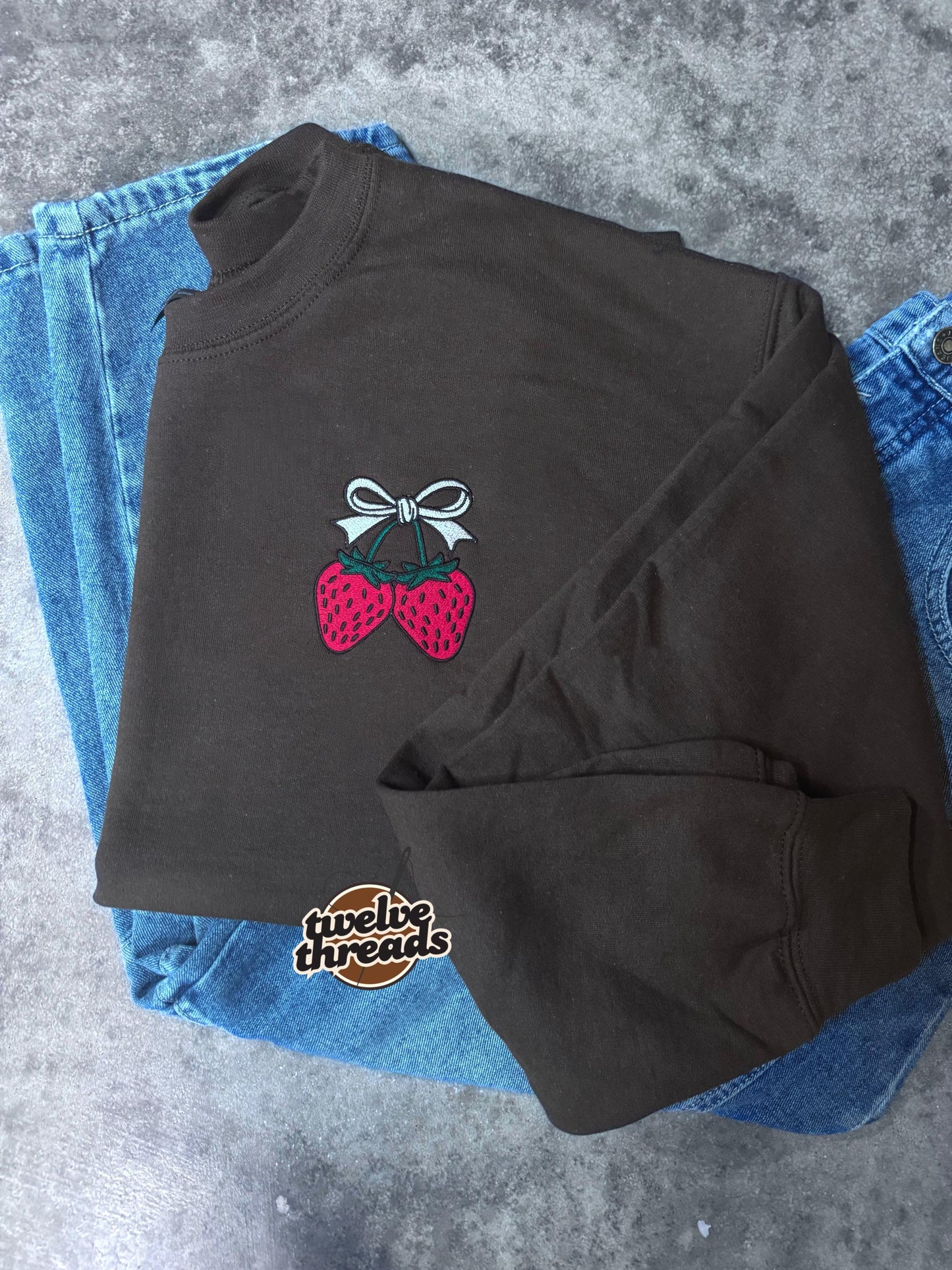 Strawberry with coquette bow embroidered in pocket placement, comfort colors t shirt and unisex Gildan crewneck, strawberry, cute design tee