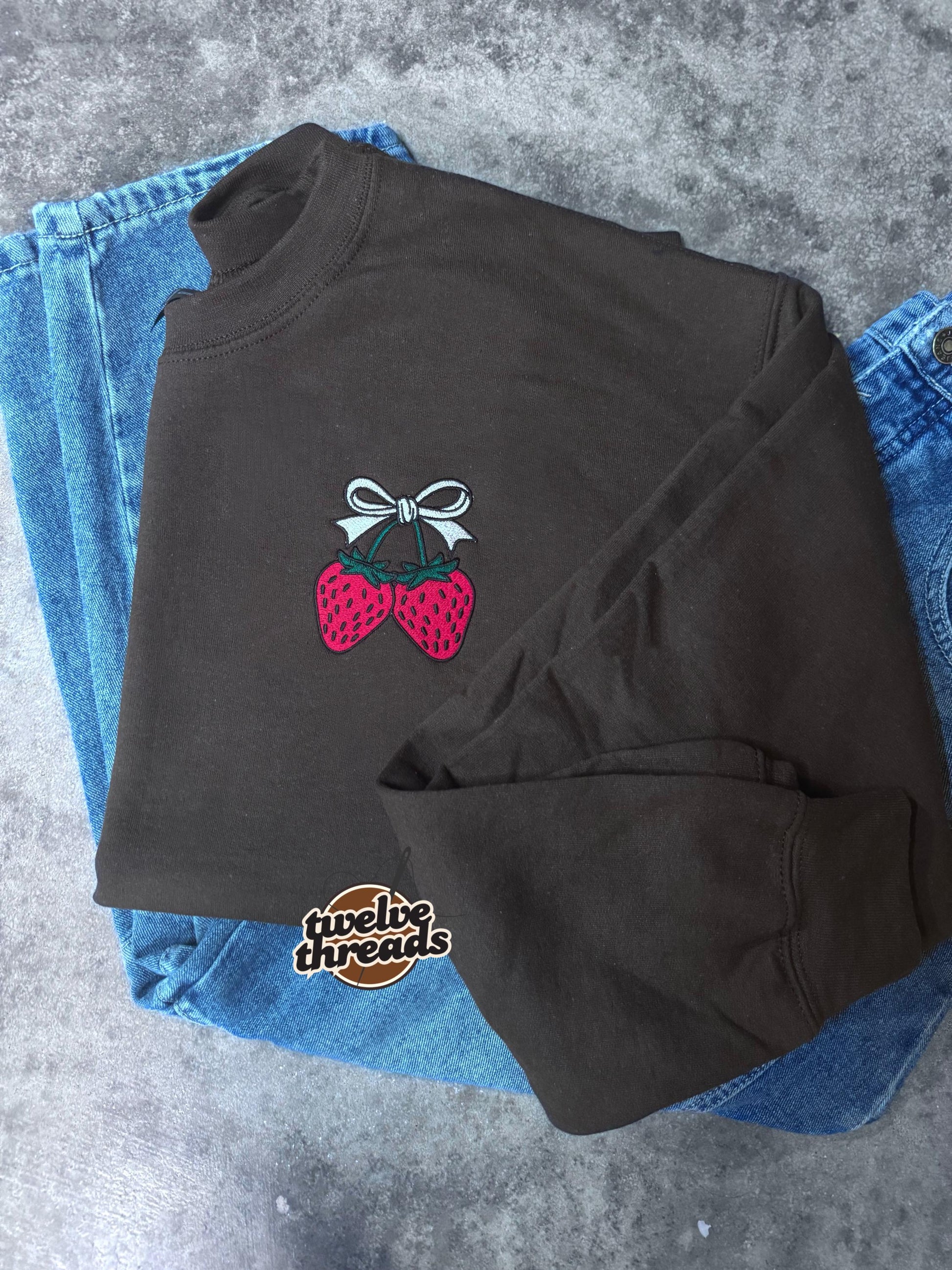 Strawberry with coquette bow embroidered in pocket placement, comfort colors t shirt and unisex Gildan crewneck, strawberry, cute design tee