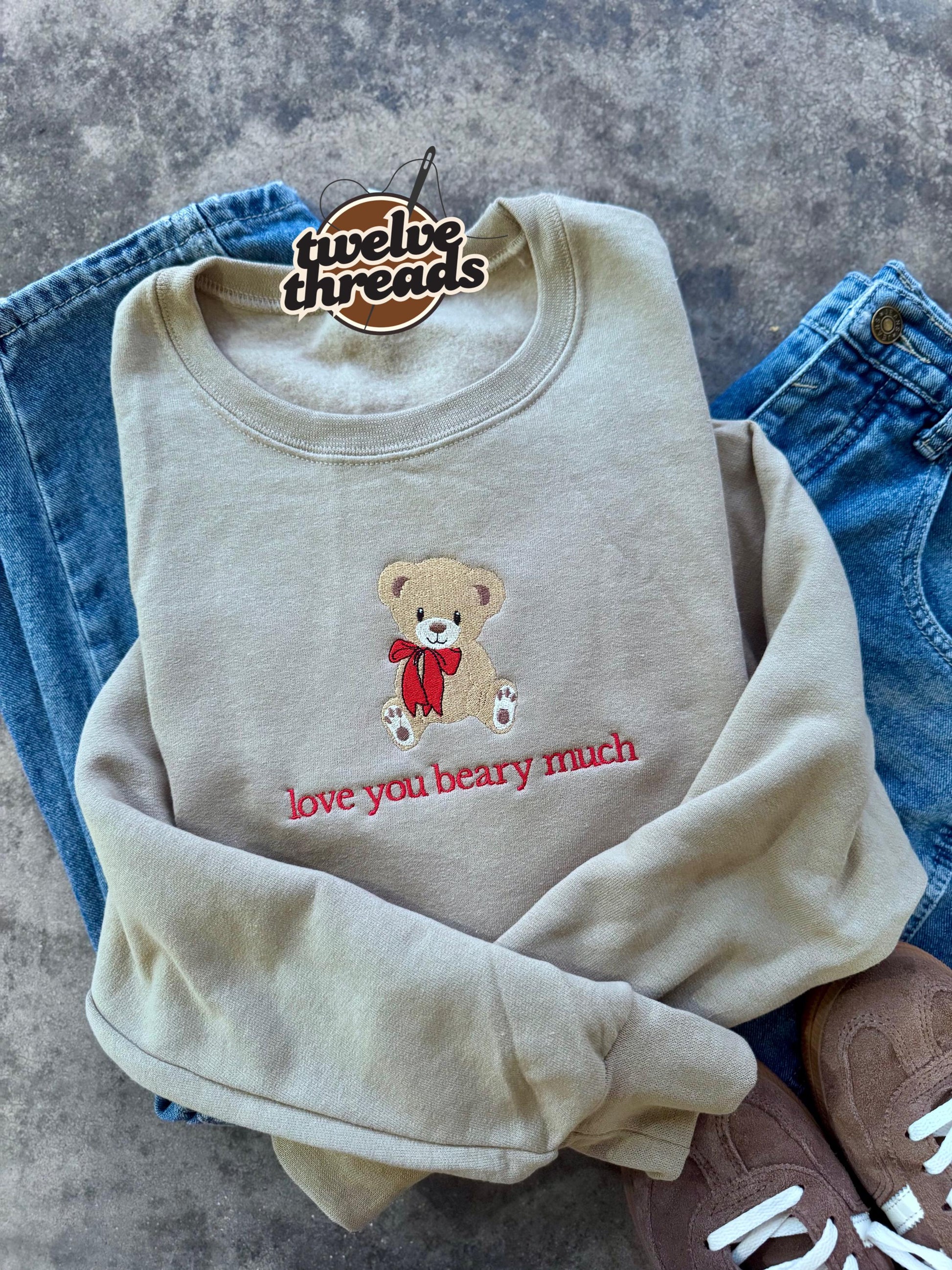 Loce you beary much, teddy bear, embroidery, embroidered Valentine’s Day design, love coquette bow bear, embroidered onto crewneck and tee