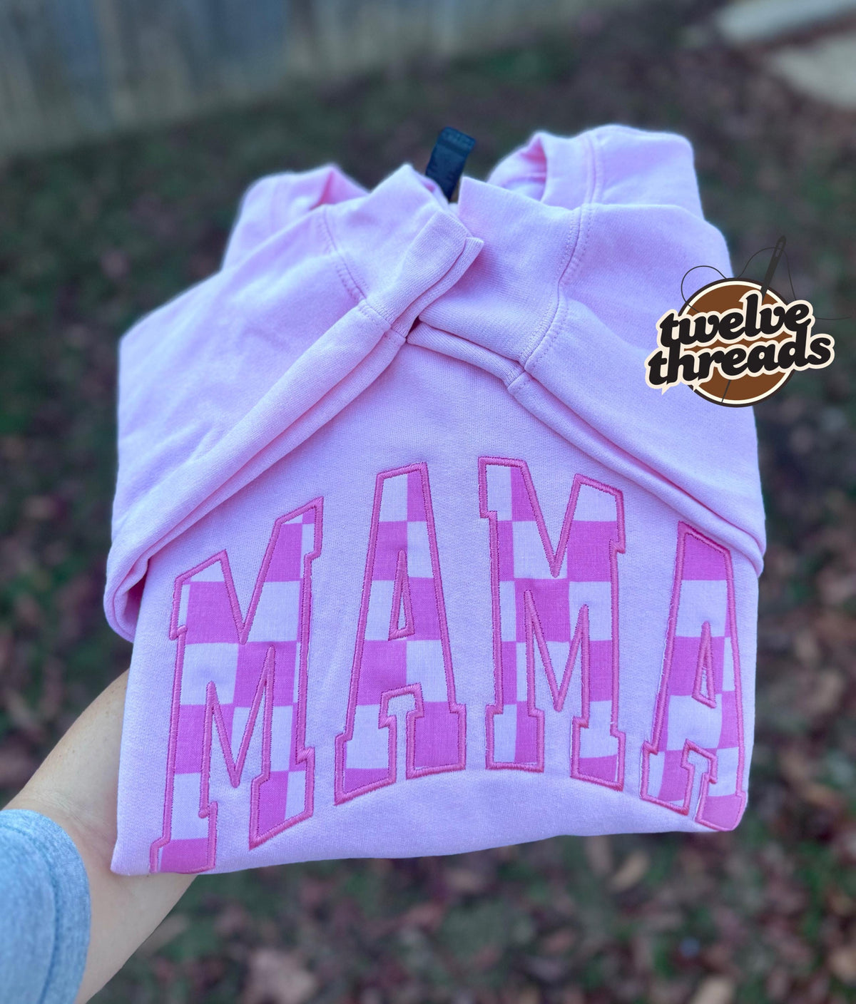 Pink checkered applique name, embroidered applique design, embroidery, pink, trendy checkered, comfort colors and Hanes and Gildan crewneck