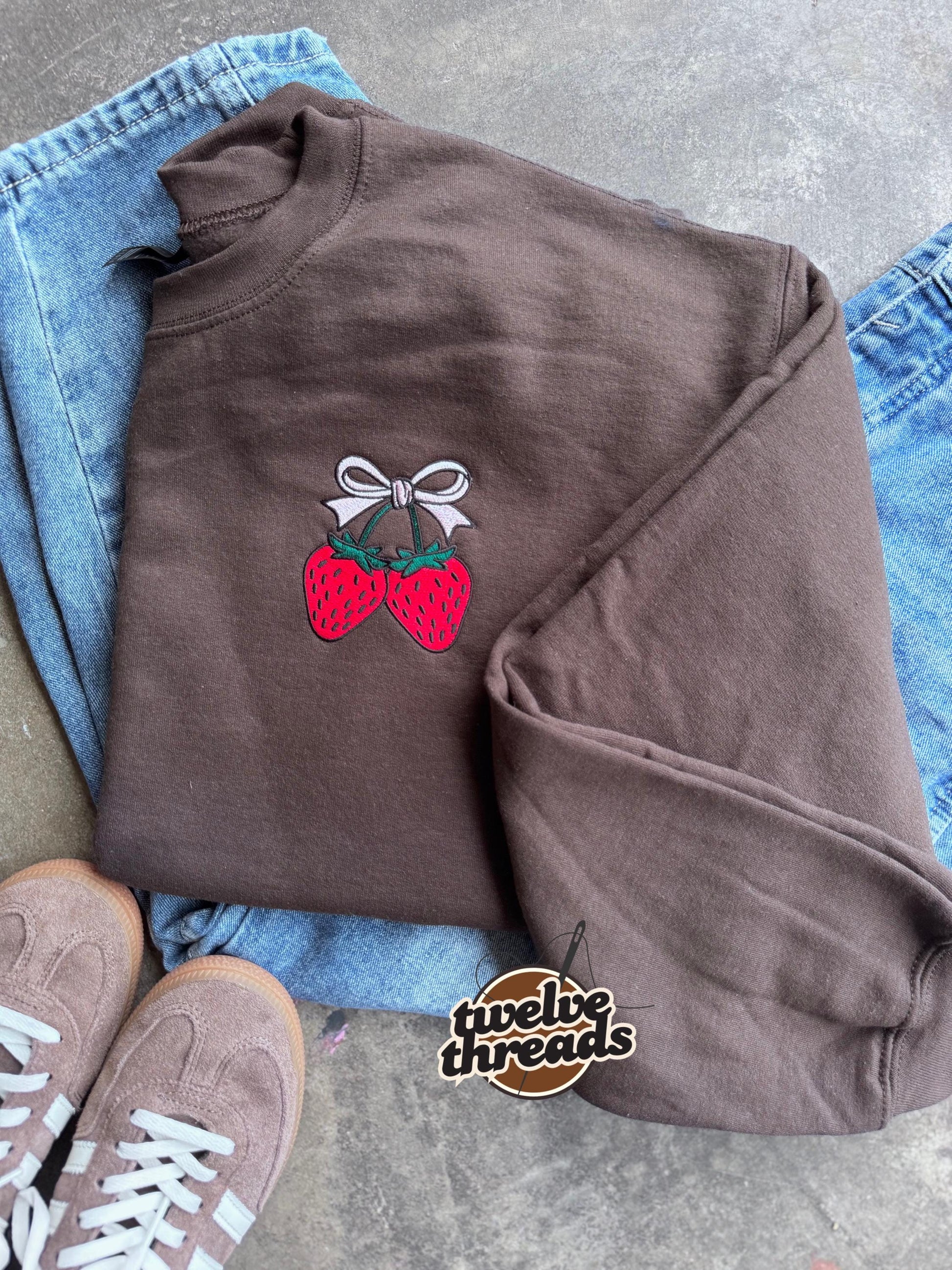 Strawberry with coquette bow embroidered in pocket placement, comfort colors t shirt and unisex Gildan crewneck, strawberry, cute design tee