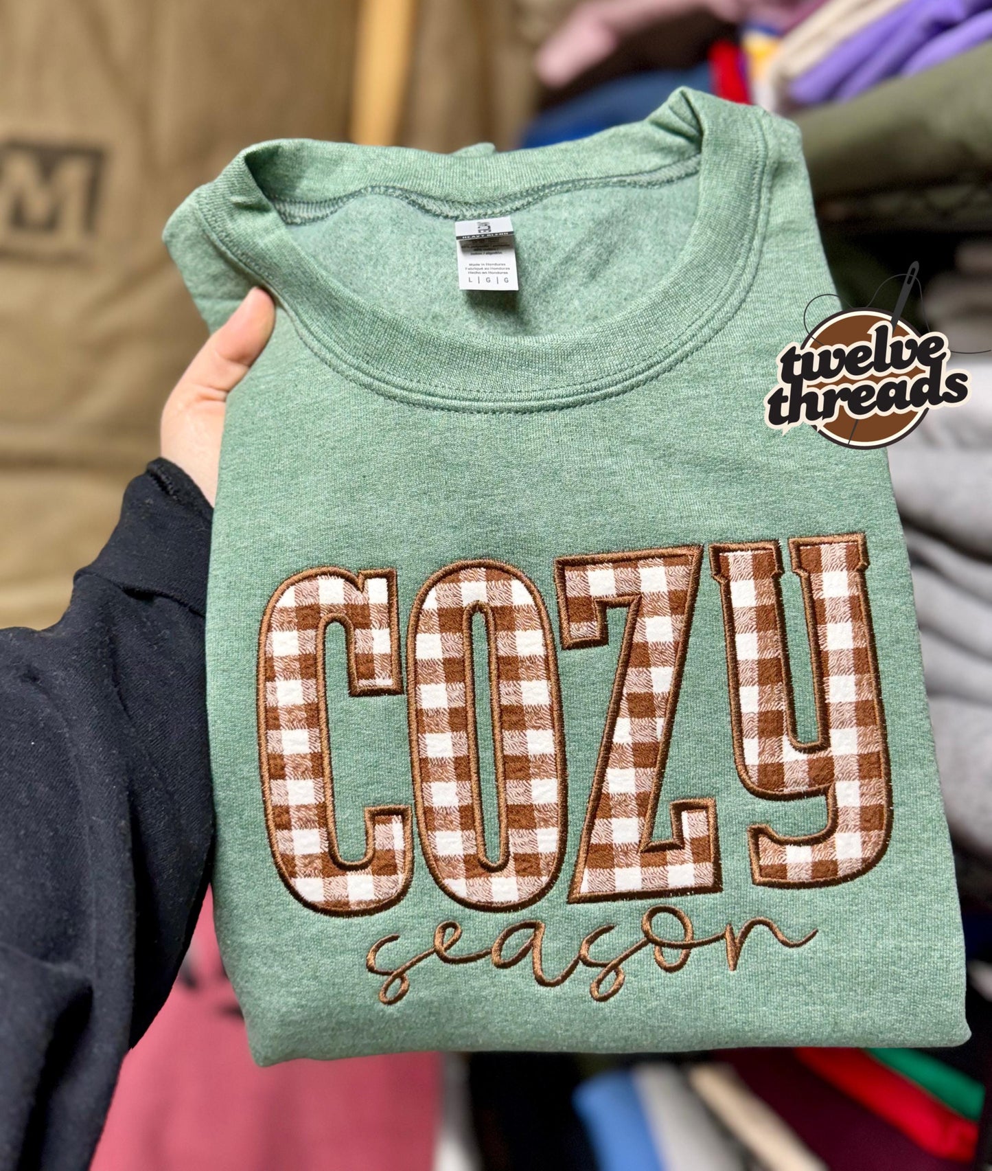 Cozy season - applique sweatshirt - embroidered design - embroidery - fall - autumn - holidays - cozy - plaid applique - applique-sweatshirt