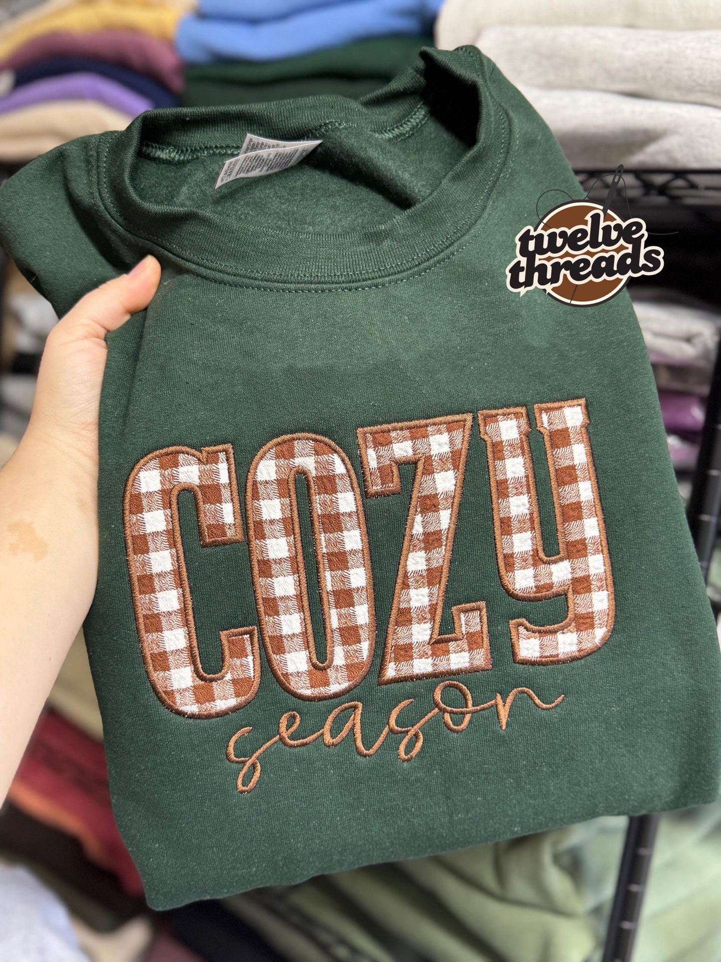 Cozy season - applique sweatshirt - embroidered design - embroidery - fall - autumn - holidays - cozy - plaid applique - applique-sweatshirt