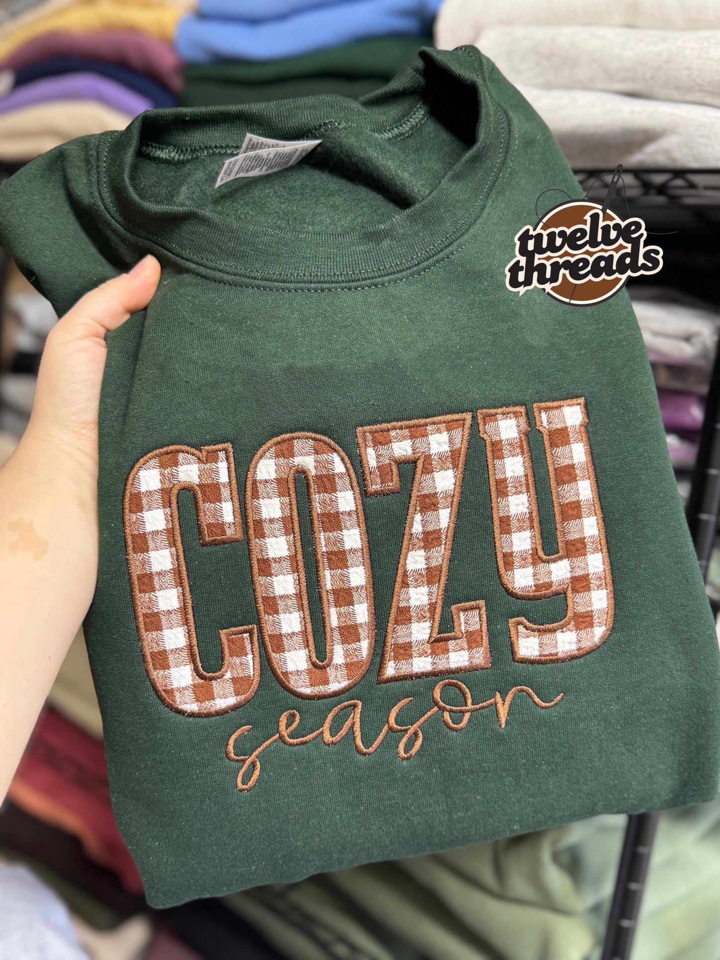 Cozy season - applique sweatshirt - embroidered design - embroidery - fall - autumn - holidays - cozy - plaid applique - applique-sweatshirt