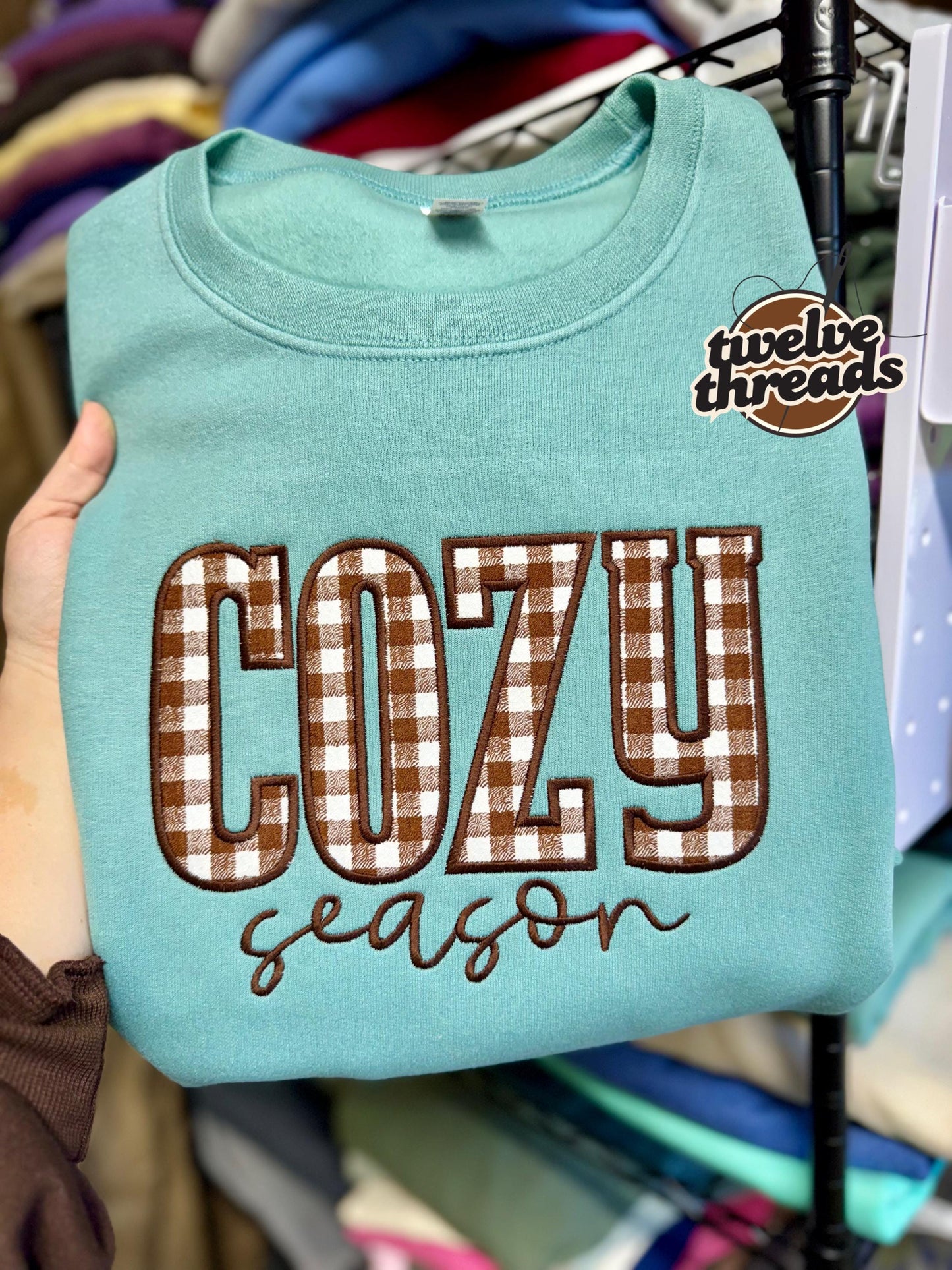 Cozy season - applique sweatshirt - embroidered design - embroidery - fall - autumn - holidays - cozy - plaid applique - applique-sweatshirt