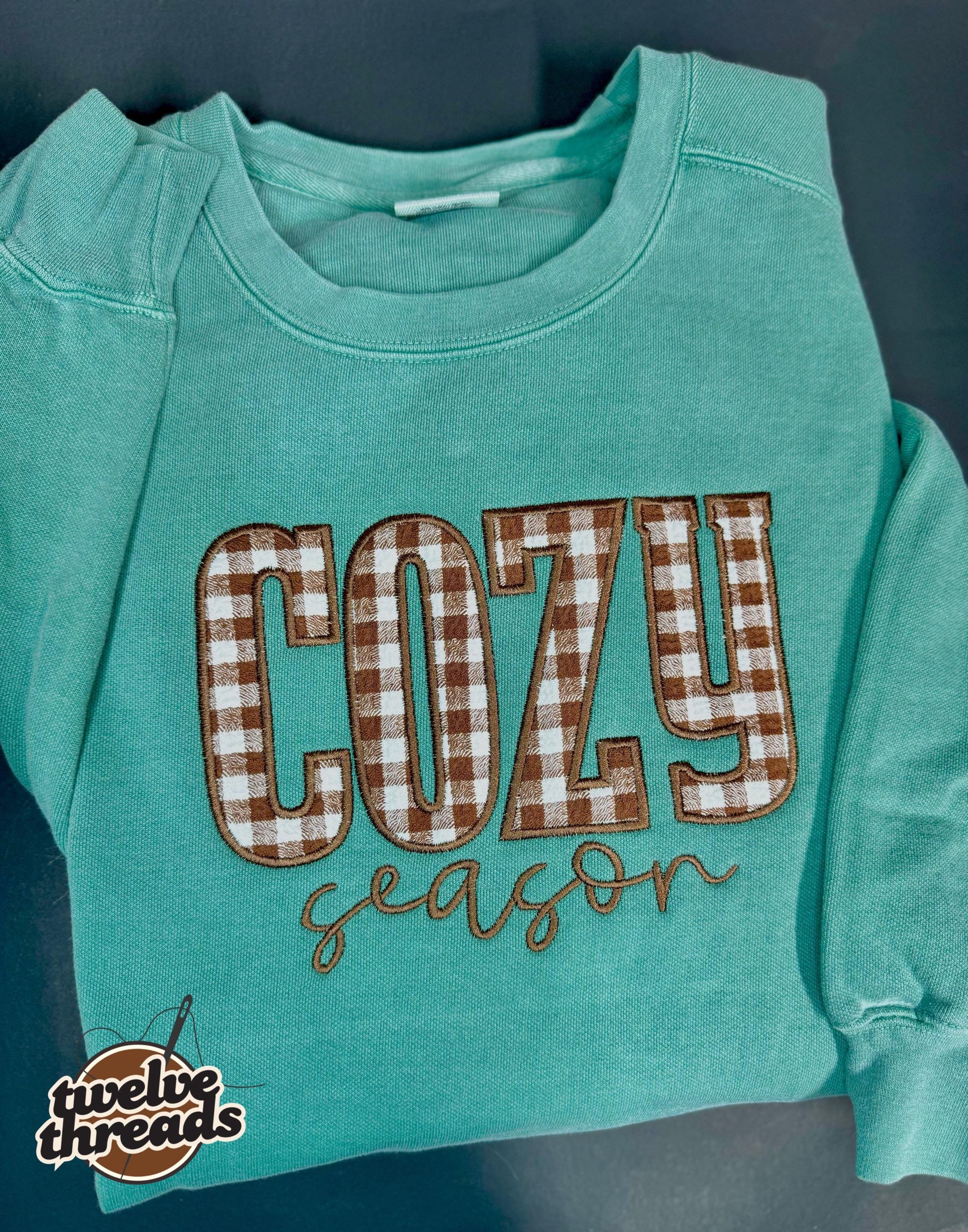 Cozy season - applique sweatshirt - embroidered design - embroidery - fall - autumn - holidays - cozy - plaid applique - applique-sweatshirt