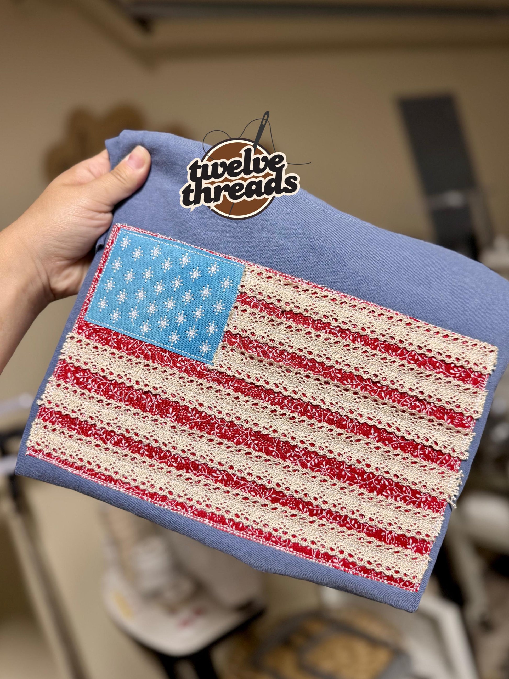 Lace trim flag, patriotic t shirt, applique quilts design t shirt, American flag, USA, 4th of July, Memorial Day, American tee, comfort