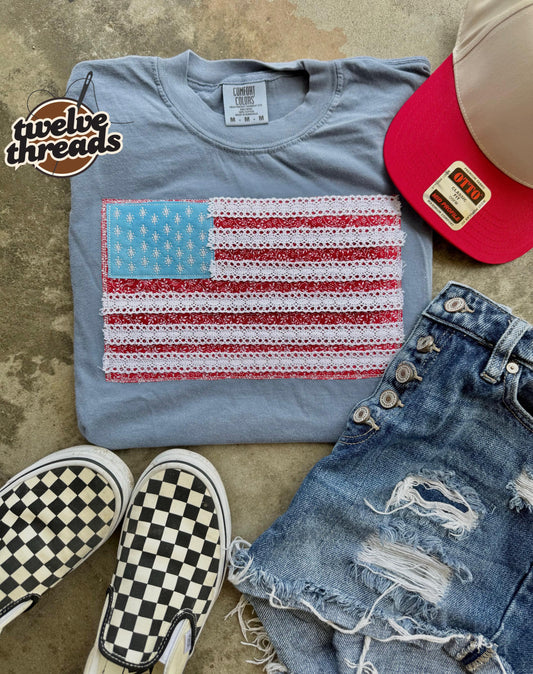 Lace trim flag, patriotic t shirt, applique quilts design t shirt, American flag, USA, 4th of July, Memorial Day, American tee, comfort