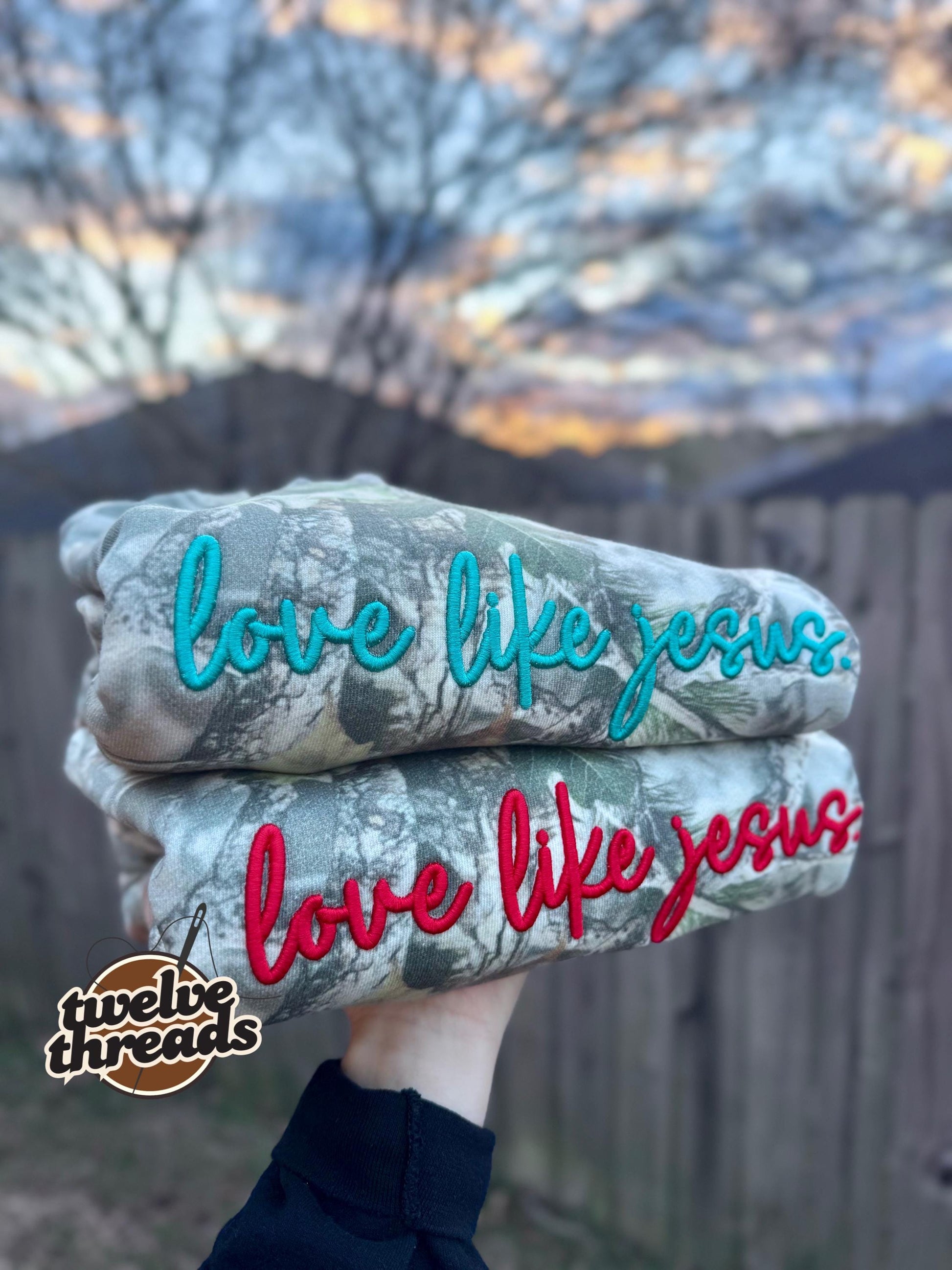 Love like Jesus, puff embroidery, camo trending crewneck tshirt, comfort colors embroidery, faith, Christian, the lord, puff design, love