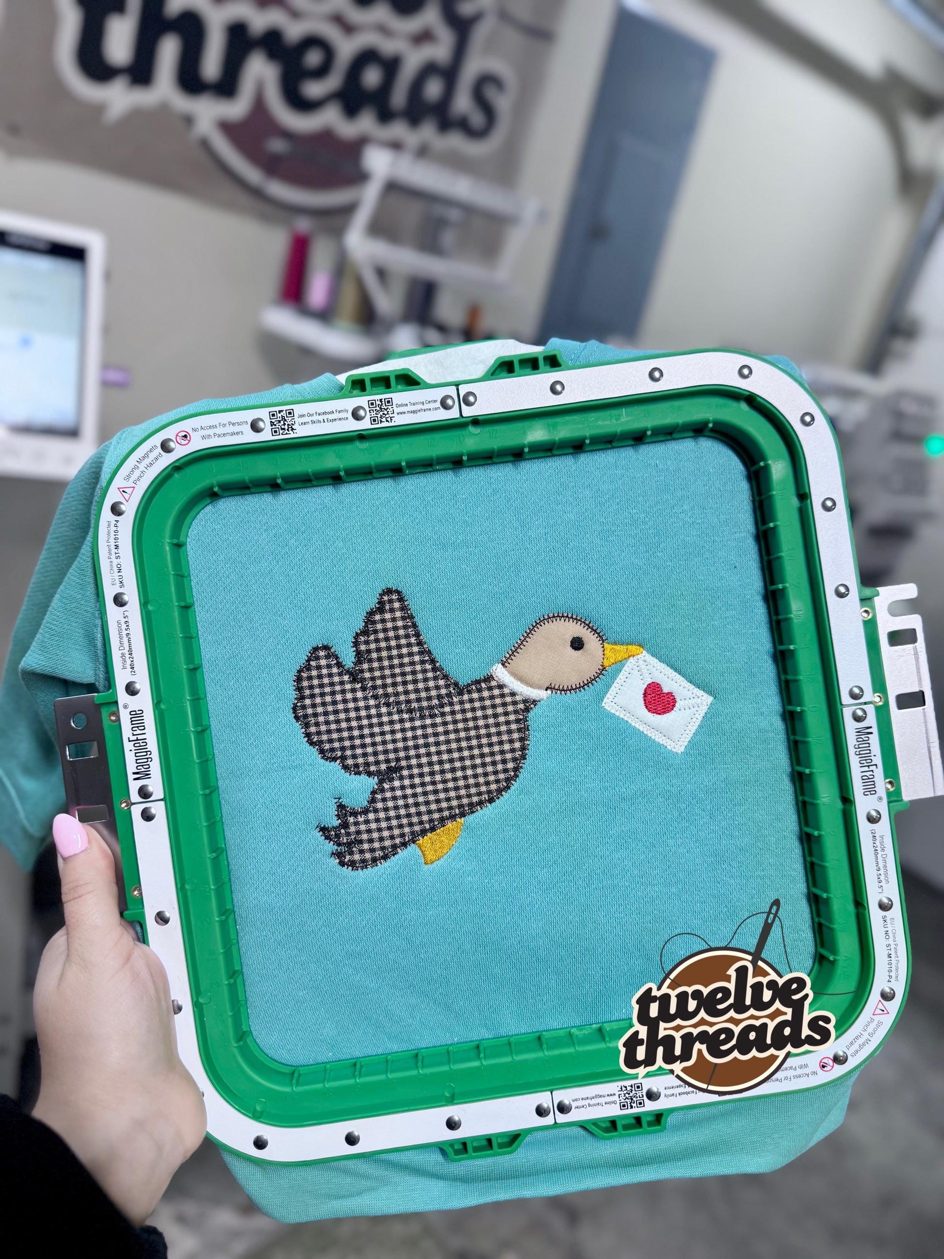 Applique mallard duck carrying heart envelope, boys valentines, kids embroidery, embroidered boys vday, Applique, holiday, love, kids v-day