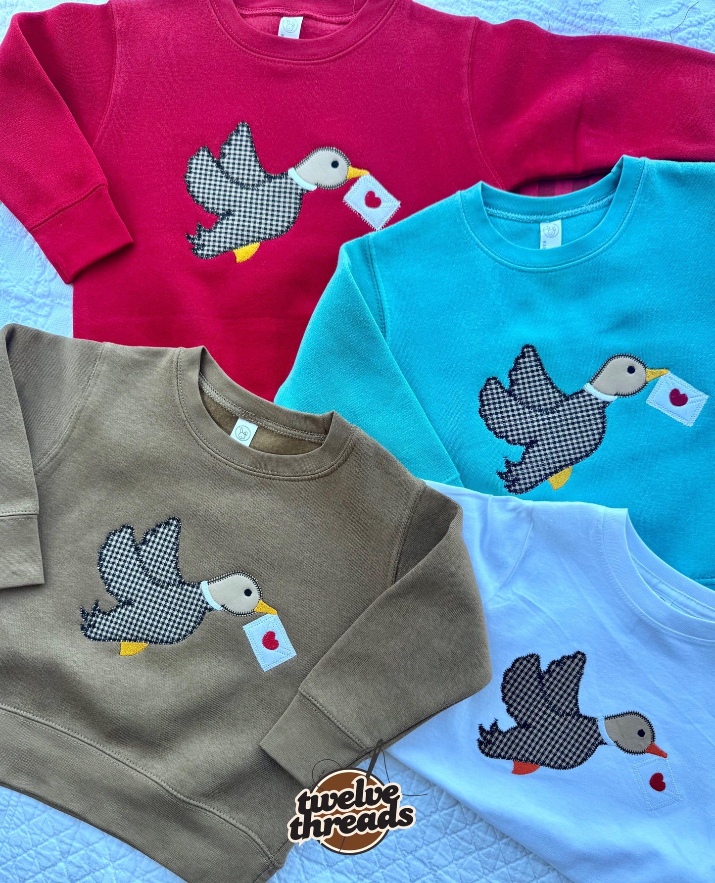Applique mallard duck carrying heart envelope, boys valentines, kids embroidery, embroidered boys vday, Applique, holiday, love, kids v-day