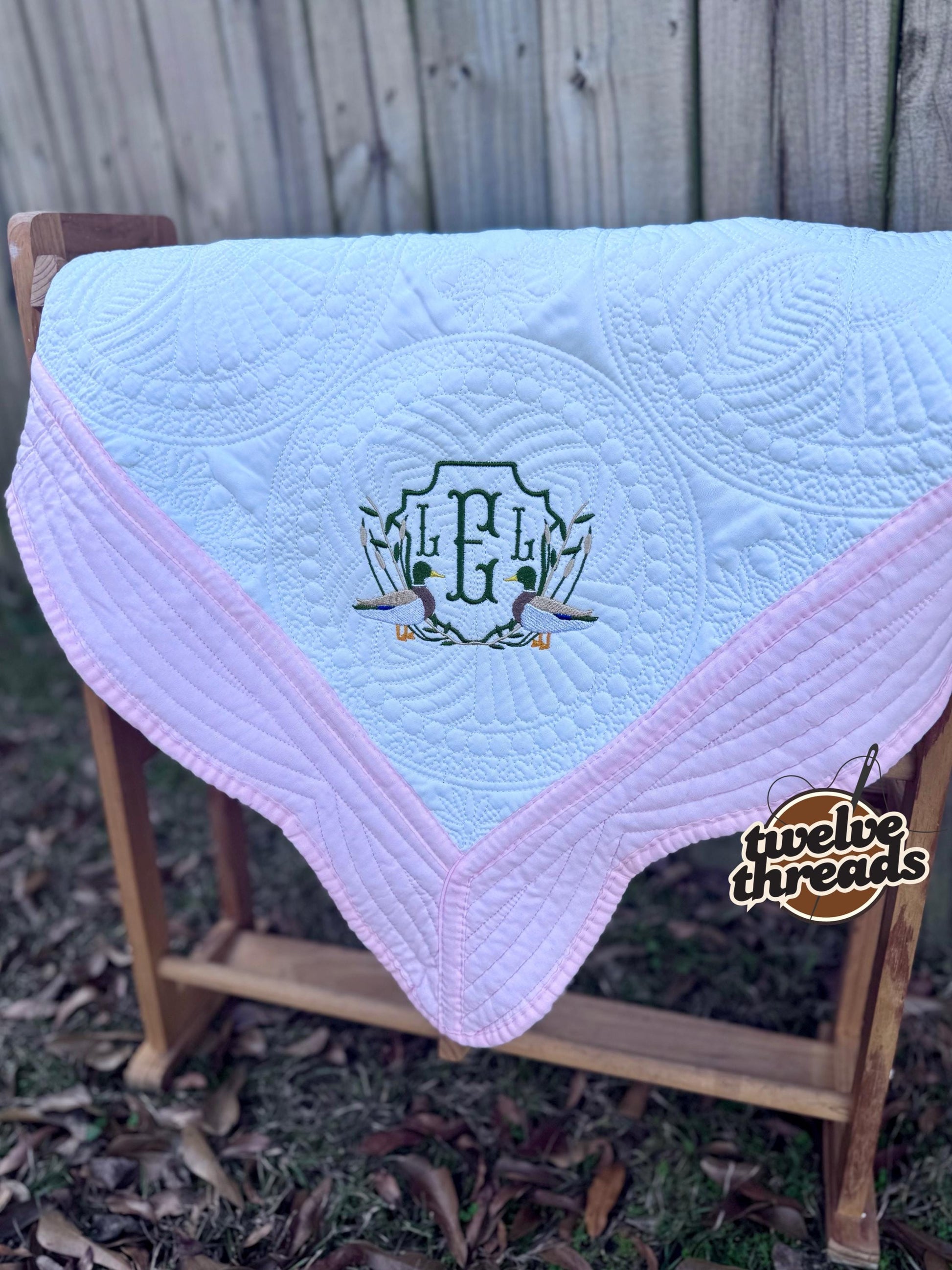 Embroidered mallard duck heirloom quilt with custom monogram, personalized baby blanket, baby boy quilt, embroidered custom heirloom blanket