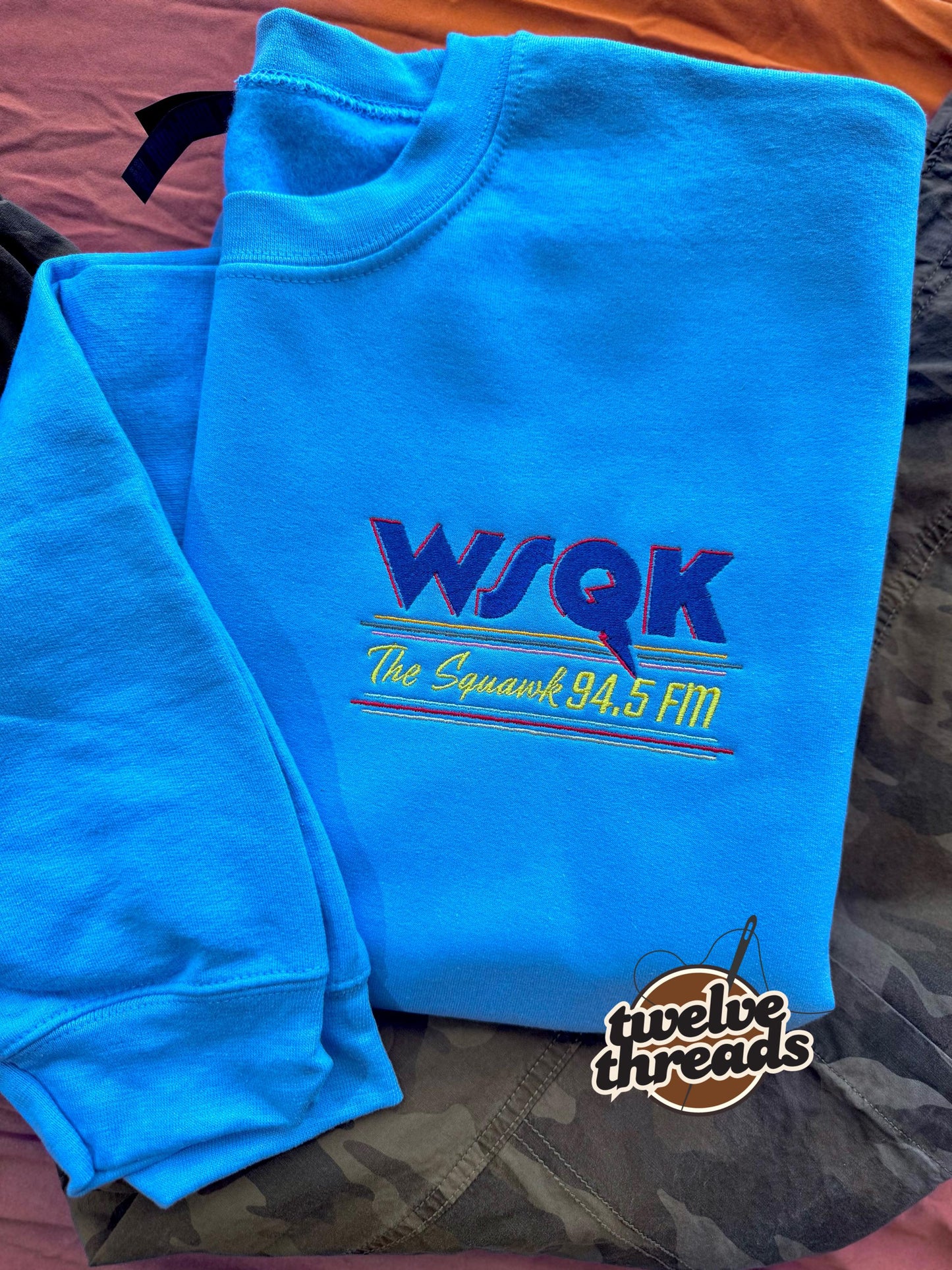 Stranger things WSQK, the squawk 94.5 FM embroidered, tv show embroidery design, Steve and robin radio station, eleven dustin Will Lucas max