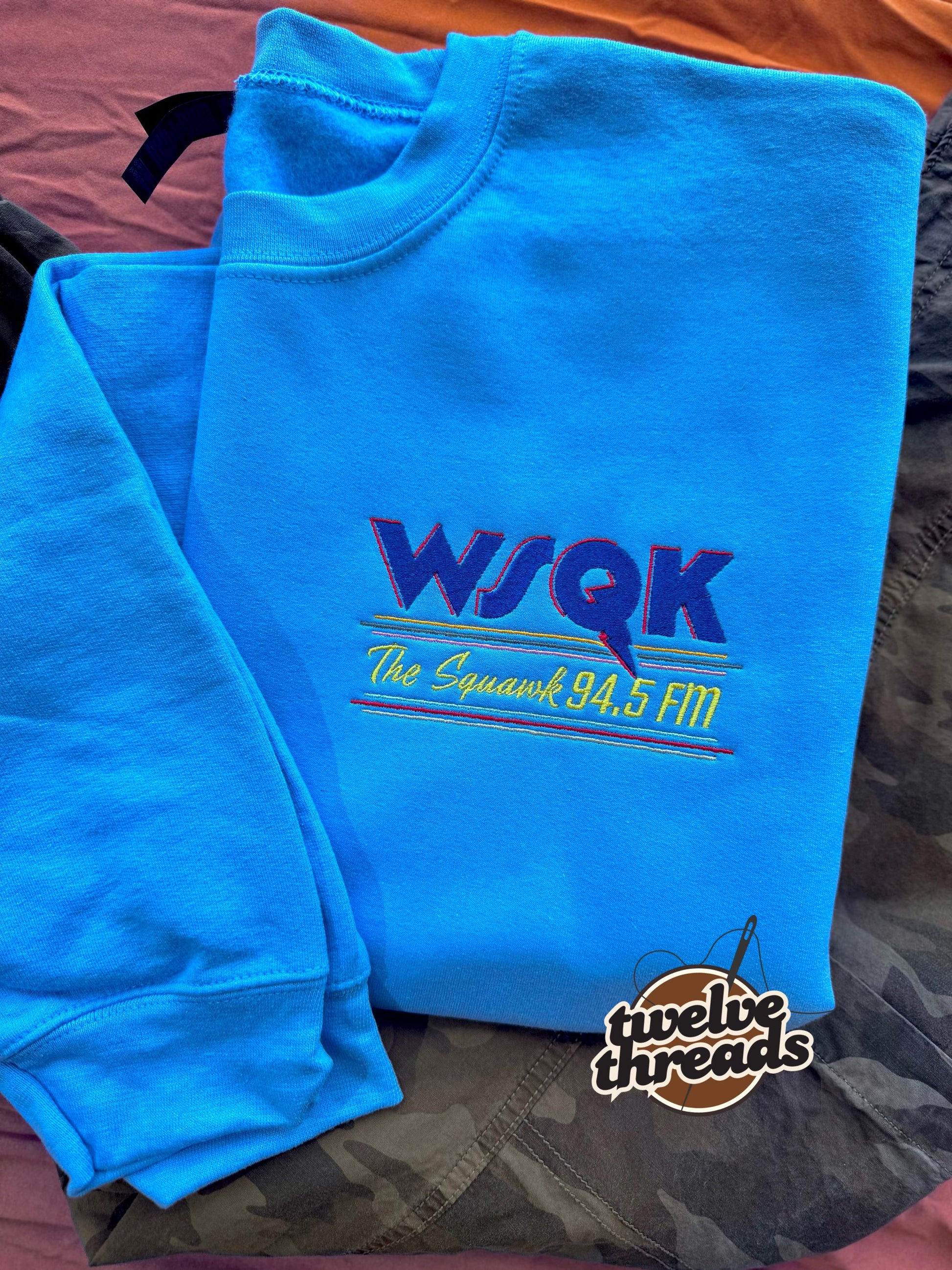 Stranger things WSQK, the squawk 94.5 FM embroidered, tv show embroidery design, Steve and robin radio station, eleven dustin Will Lucas max