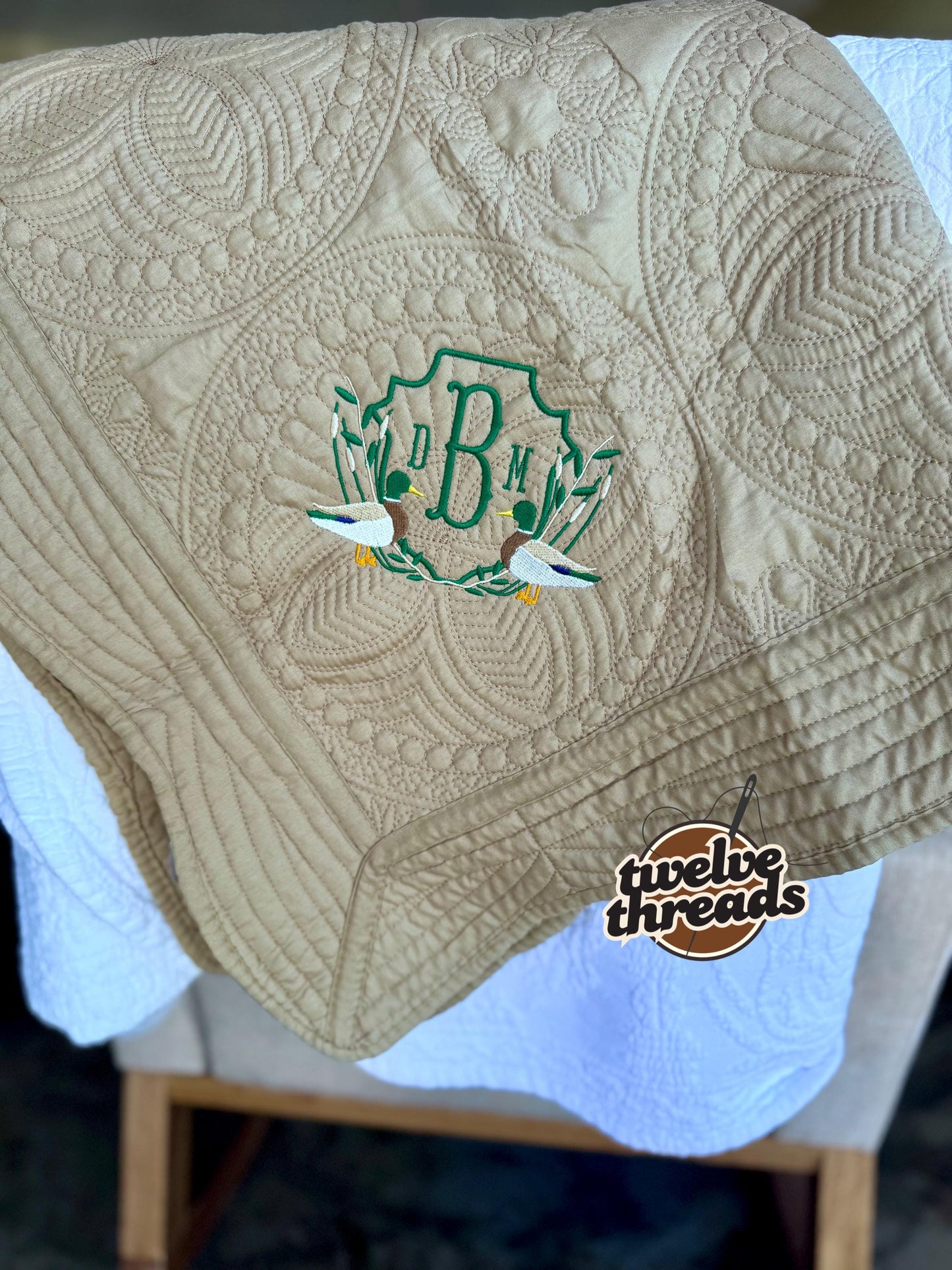 Embroidered mallard duck heirloom quilt with custom monogram, personalized baby blanket, baby boy quilt, embroidered custom heirloom blanket