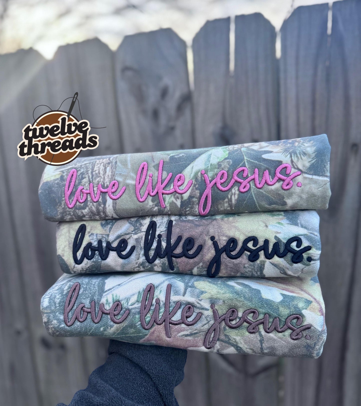 Love like Jesus, puff embroidery, camo trending crewneck tshirt, comfort colors embroidery, faith, Christian, the lord, puff design, love