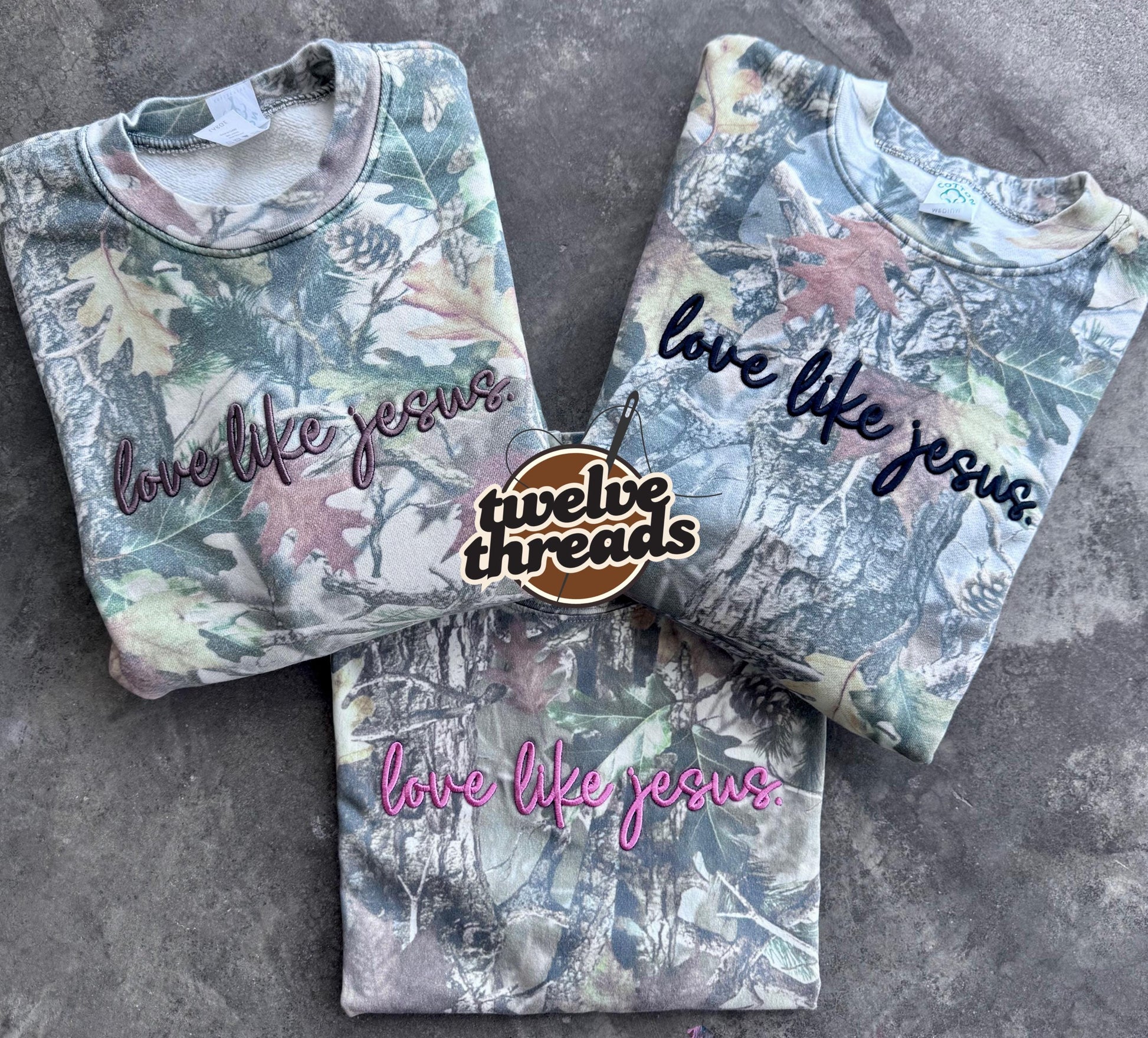 Love like Jesus, puff embroidery, camo trending crewneck tshirt, comfort colors embroidery, faith, Christian, the lord, puff design, love