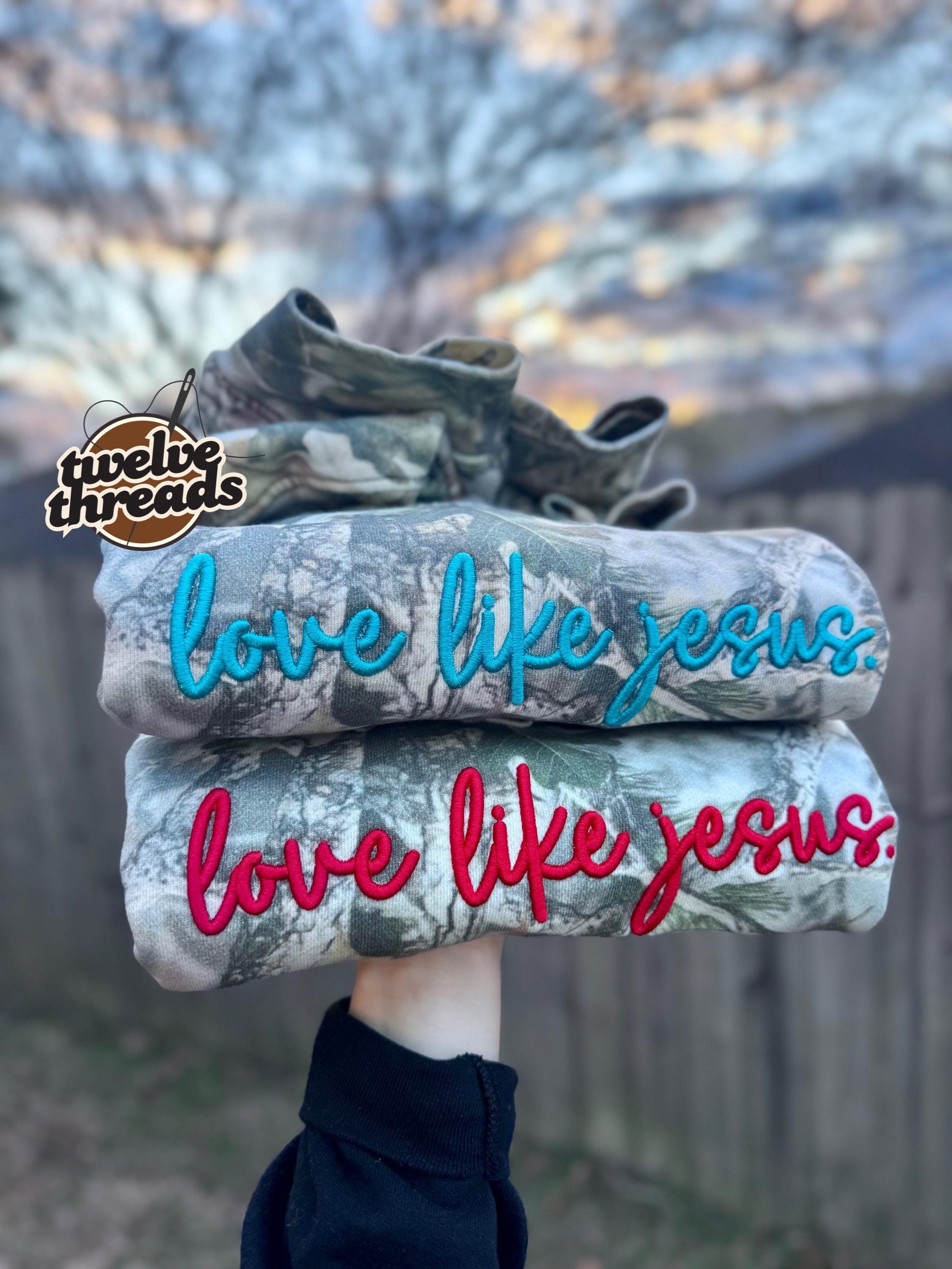 Love like Jesus, puff embroidery, camo trending crewneck tshirt, comfort colors embroidery, faith, Christian, the lord, puff design, love