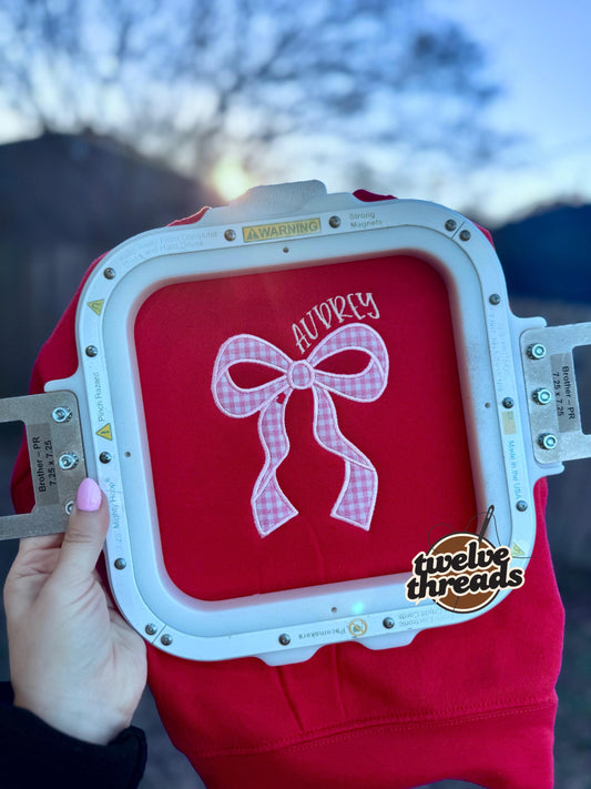 Applique coquette bow with hearts and name, girls crewneck, kids embroidery, embroidered girls vday, Applique, holiday, love, sweatshirt kid