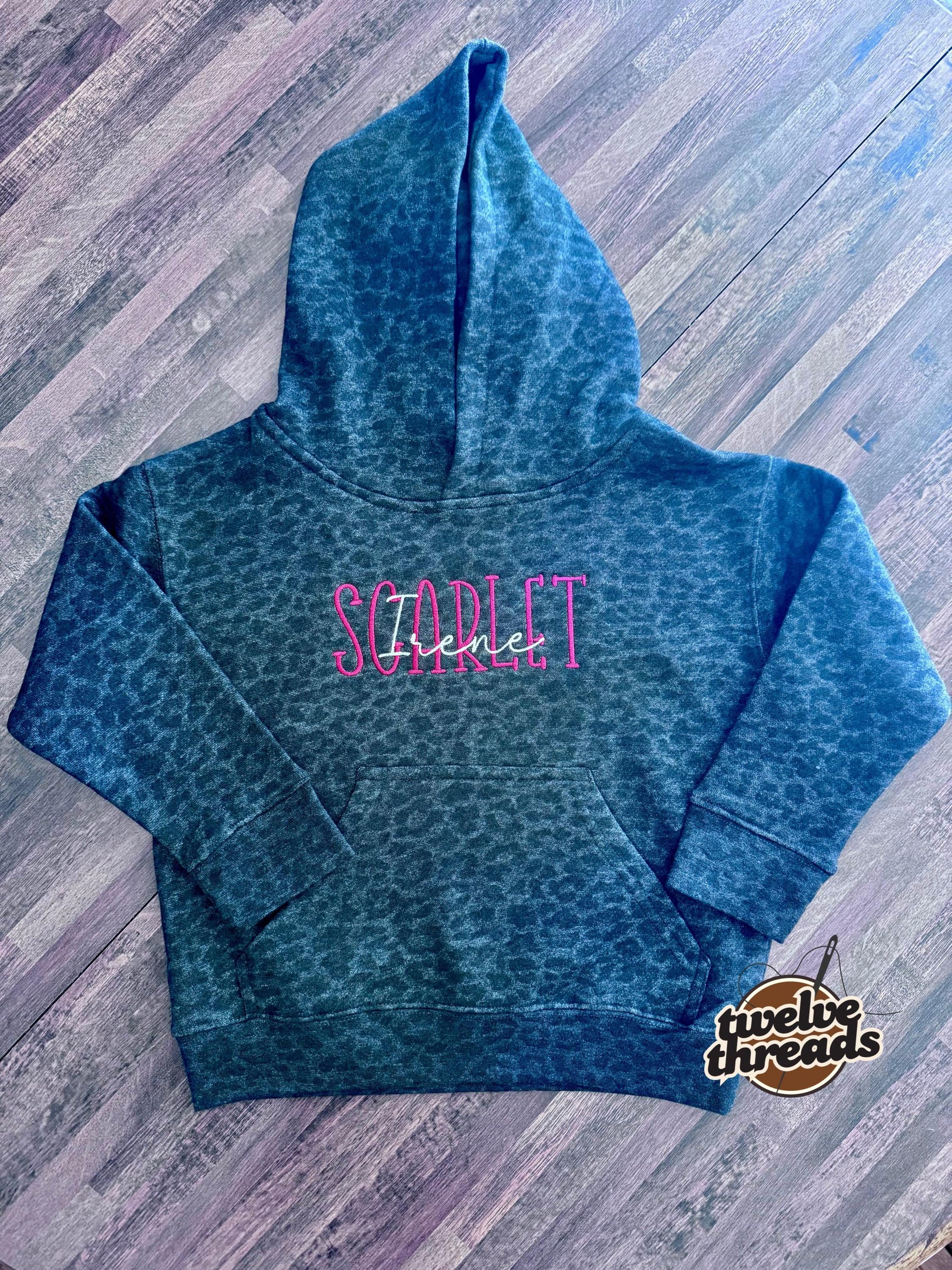 Embroidered double name hoodie / black leopard / vintage camo / embroidered kids hoodie / toddler hoodie / embroidery / custom name