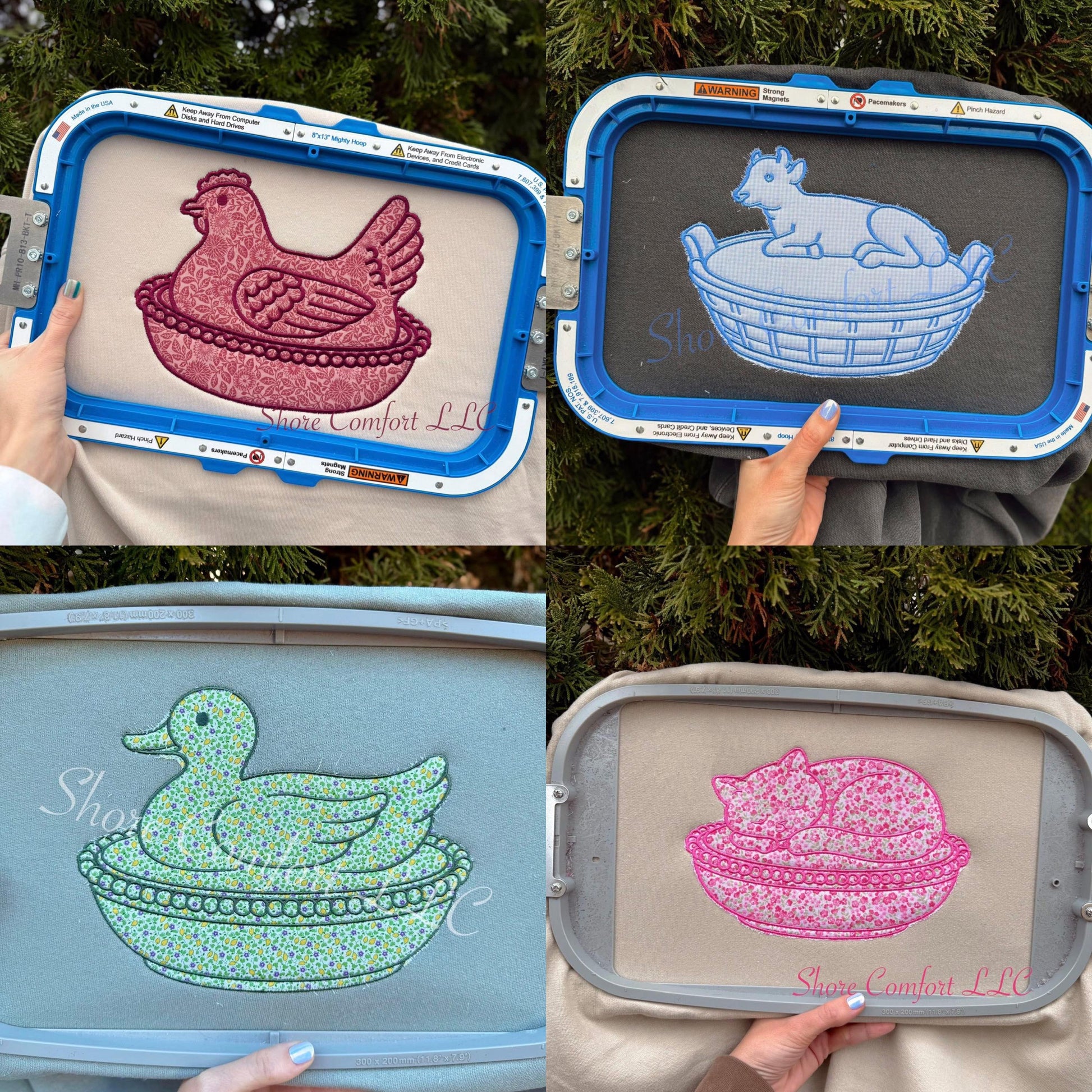 Applique embroidered mama hen, chicken, eggs, farm animals,embroidery, cow, cat,duck in a dish, antique, decor,comfort colors, hen in a dish