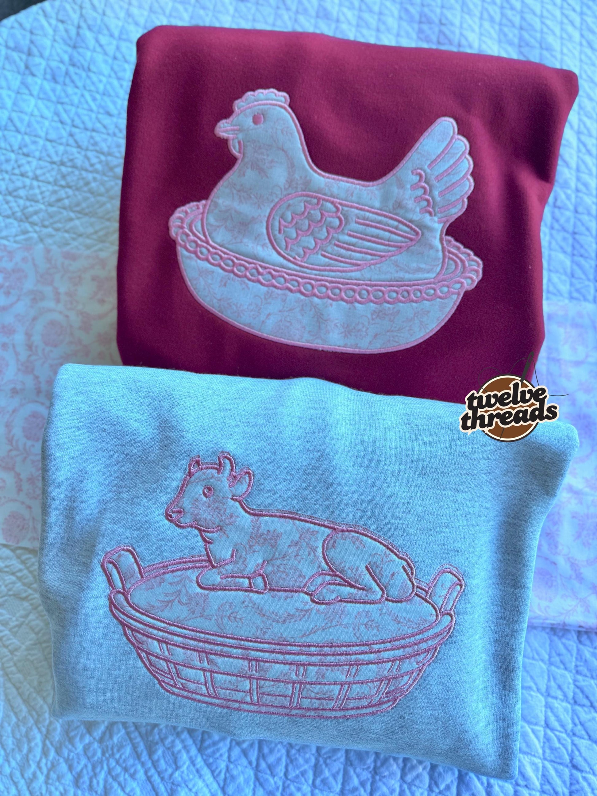 Applique embroidered mama hen, chicken, eggs, farm animals,embroidery, cow, cat,duck in a dish, antique, decor,comfort colors, hen in a dish