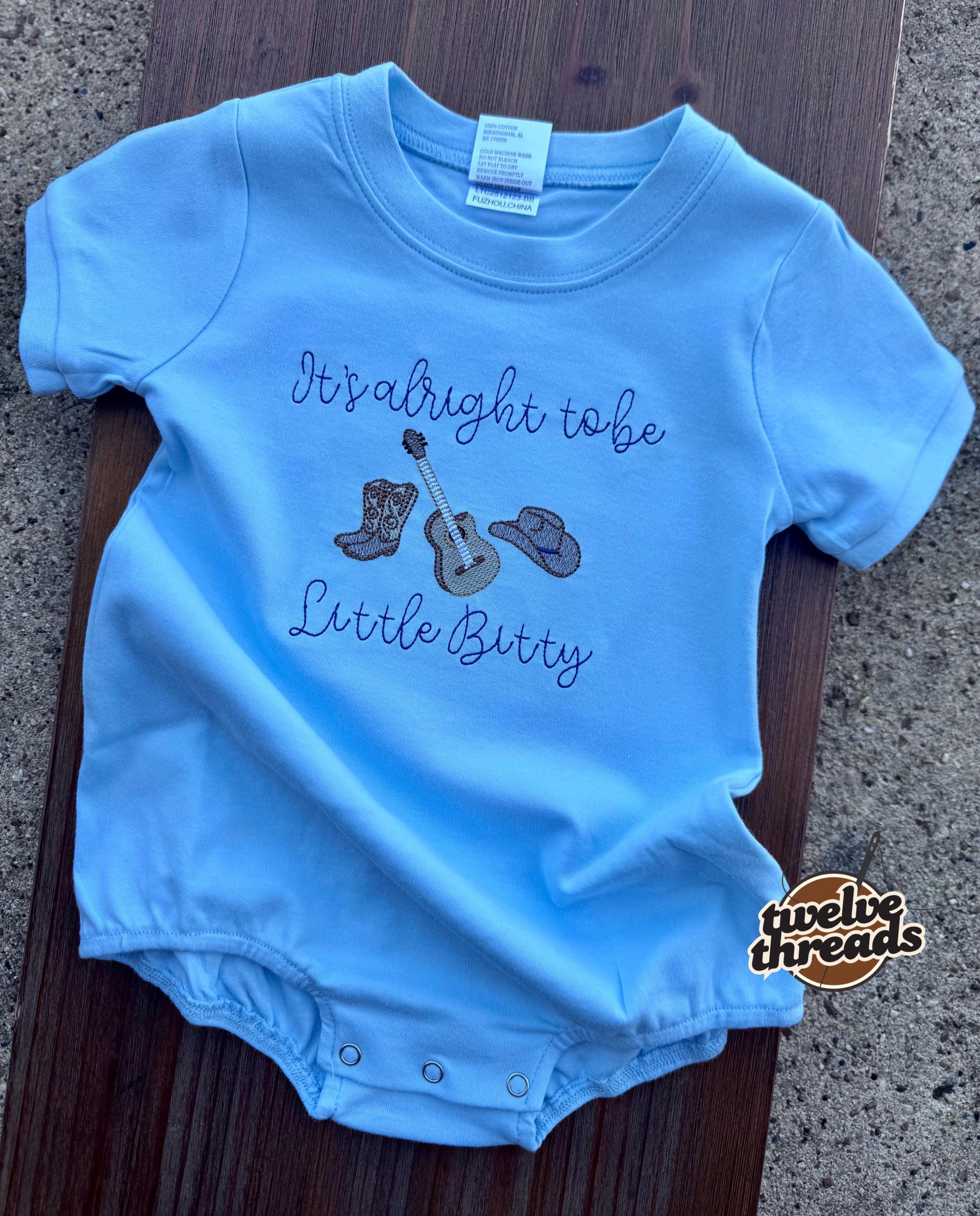 It’s alright to be Little Bitty - country song - Alan Jackson - western - cowboy - embroidered t shirt - kids bubble romper - embroidery -