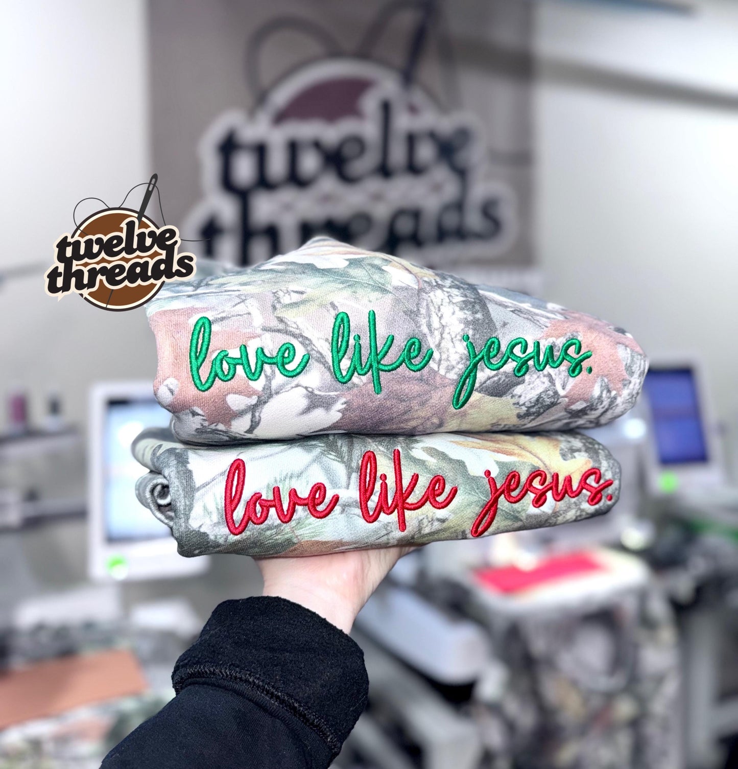 Love like Jesus, puff embroidery, camo trending crewneck tshirt, comfort colors embroidery, faith, Christian, the lord, puff design, love