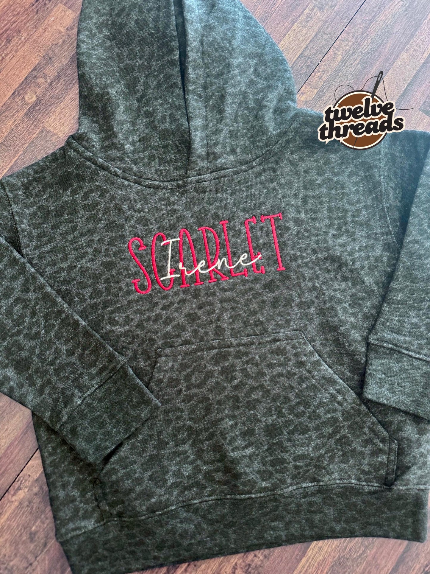 Embroidered double name hoodie / black leopard / vintage camo / embroidered kids hoodie / toddler hoodie / embroidery / custom name